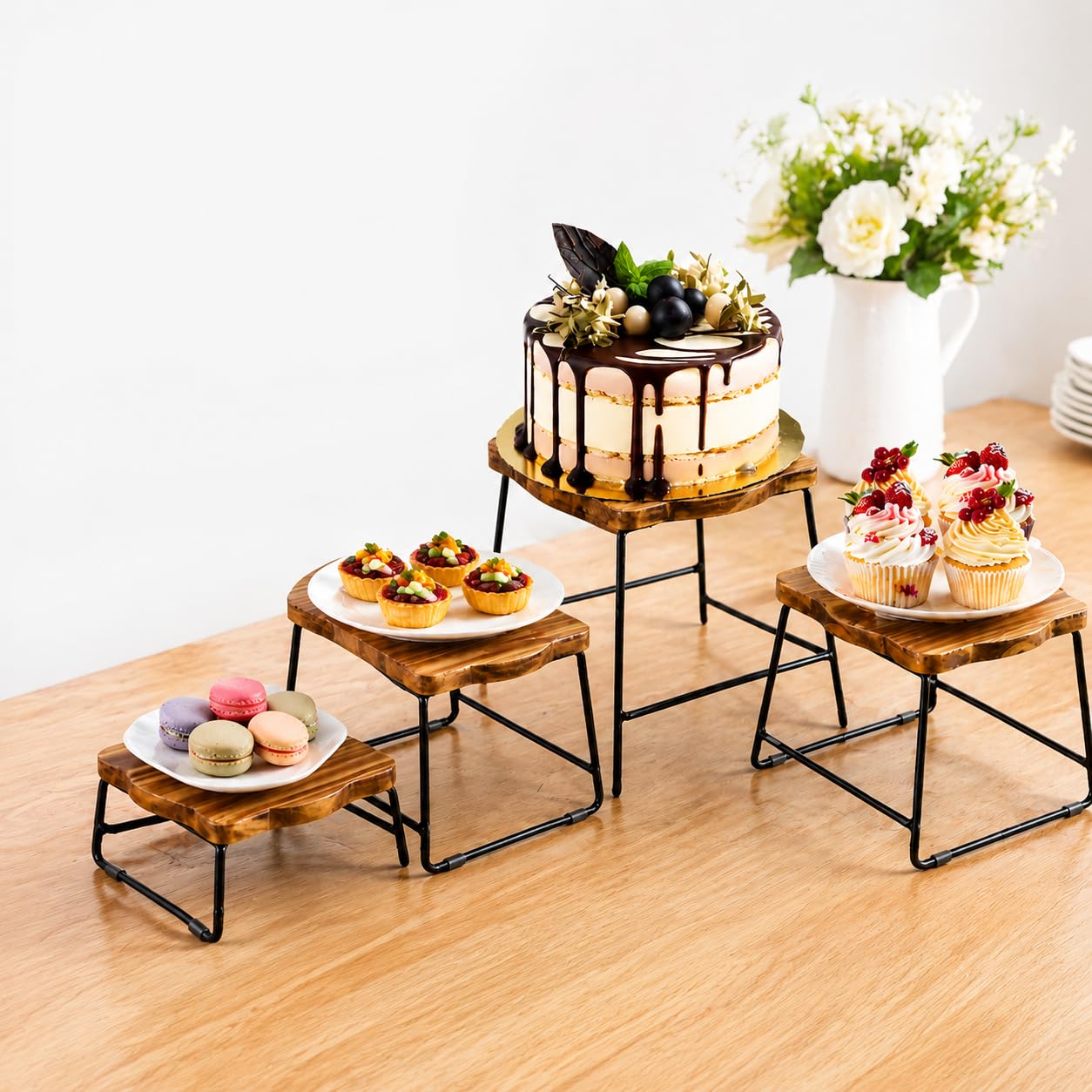 ZENFUN Lot de 4 rehausseurs de buffet en bois, rehausseurs de table à dessert, support de plat à pizza, support à cupcakes et rehausseurs en bois, plateau et support d'assiette