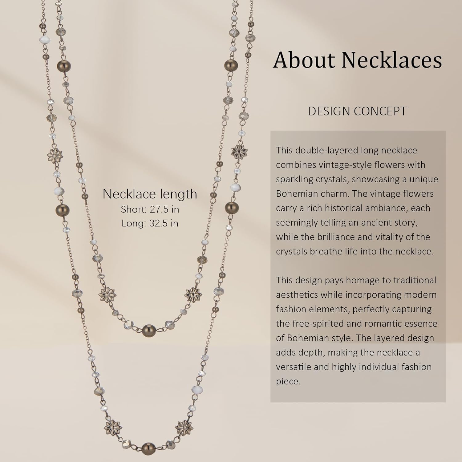 Noessla Layered Long Necklaces for Women Silver Black Beaded Necklace Vintage Flower Costume Jewelry Birthday Gifts for Women - Image 6