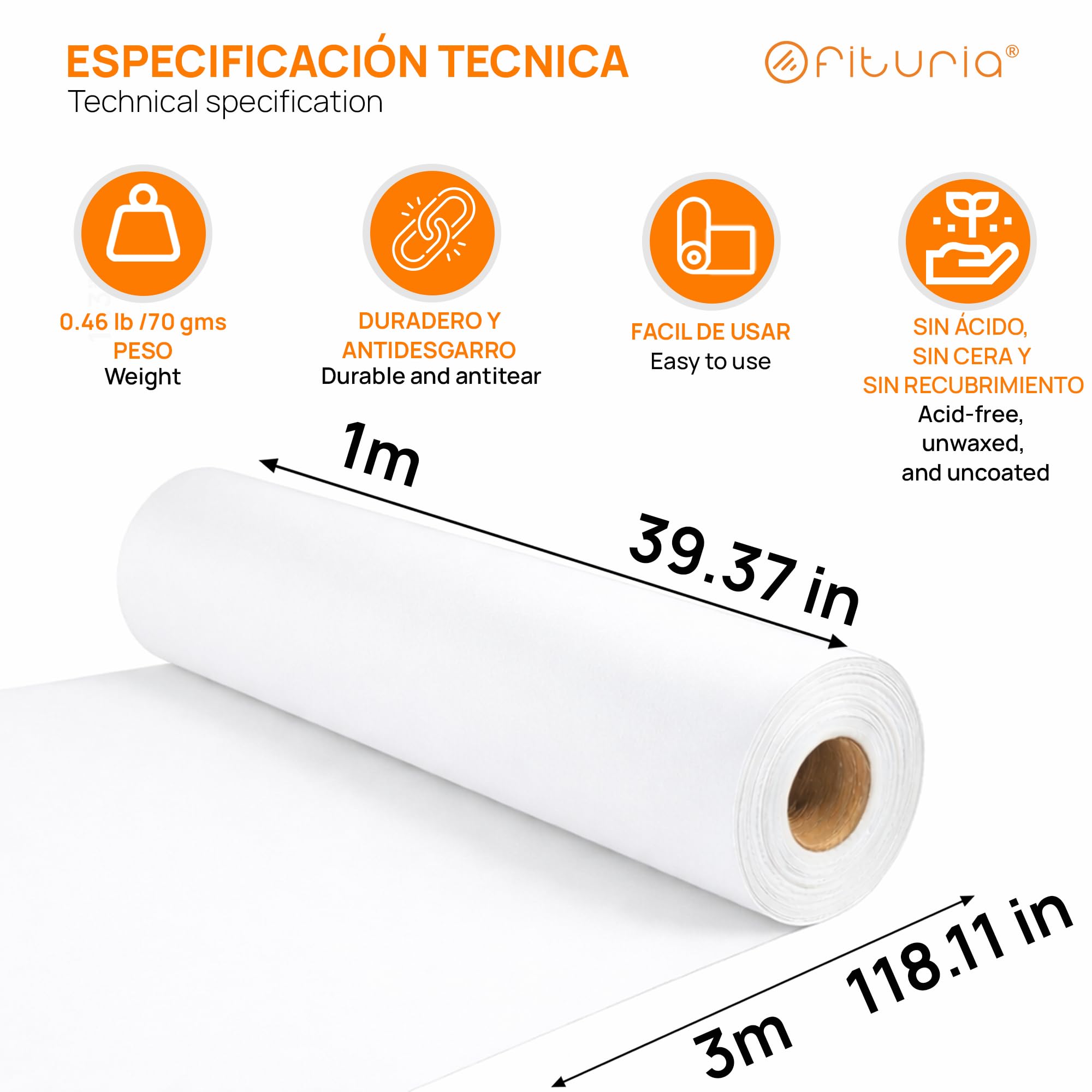 OFITURIA Papel Kraft Bianco - Rollo 1x3m - 6 Rotoli - Carta da pacchi e carta da regalo, carta da imballaggio per spedizioni e fai-da-te, resistente e facile da tagliare