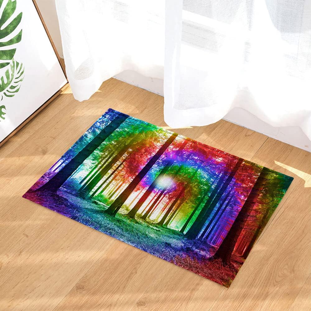 Tie Dye Shower Curtain Set with Rugs, Colorful Rainbow Nature Forest Bathroom Accessories Sets Non-Slip Mats, Bath Curtains with Bath Mats and Toilet Lid Seat Cover