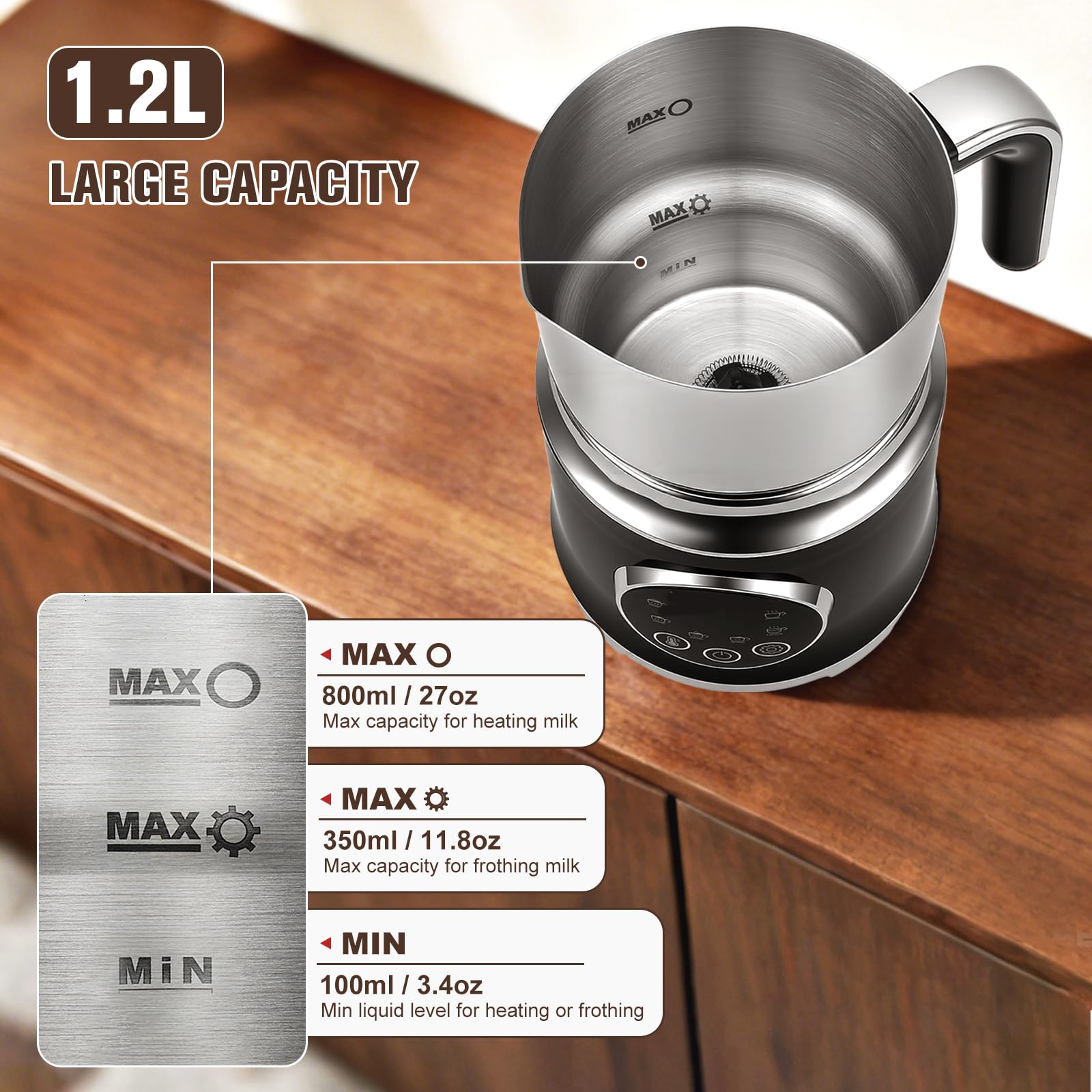 Montalatte Elettrico 6 in 1, Schiuma Latte 3 Temperature (45°C/55°C/65°C), 1.2L 800ml Acciaio Inox 304, 600W, Touch Smart, Nero, per Cappuccino Barista Home