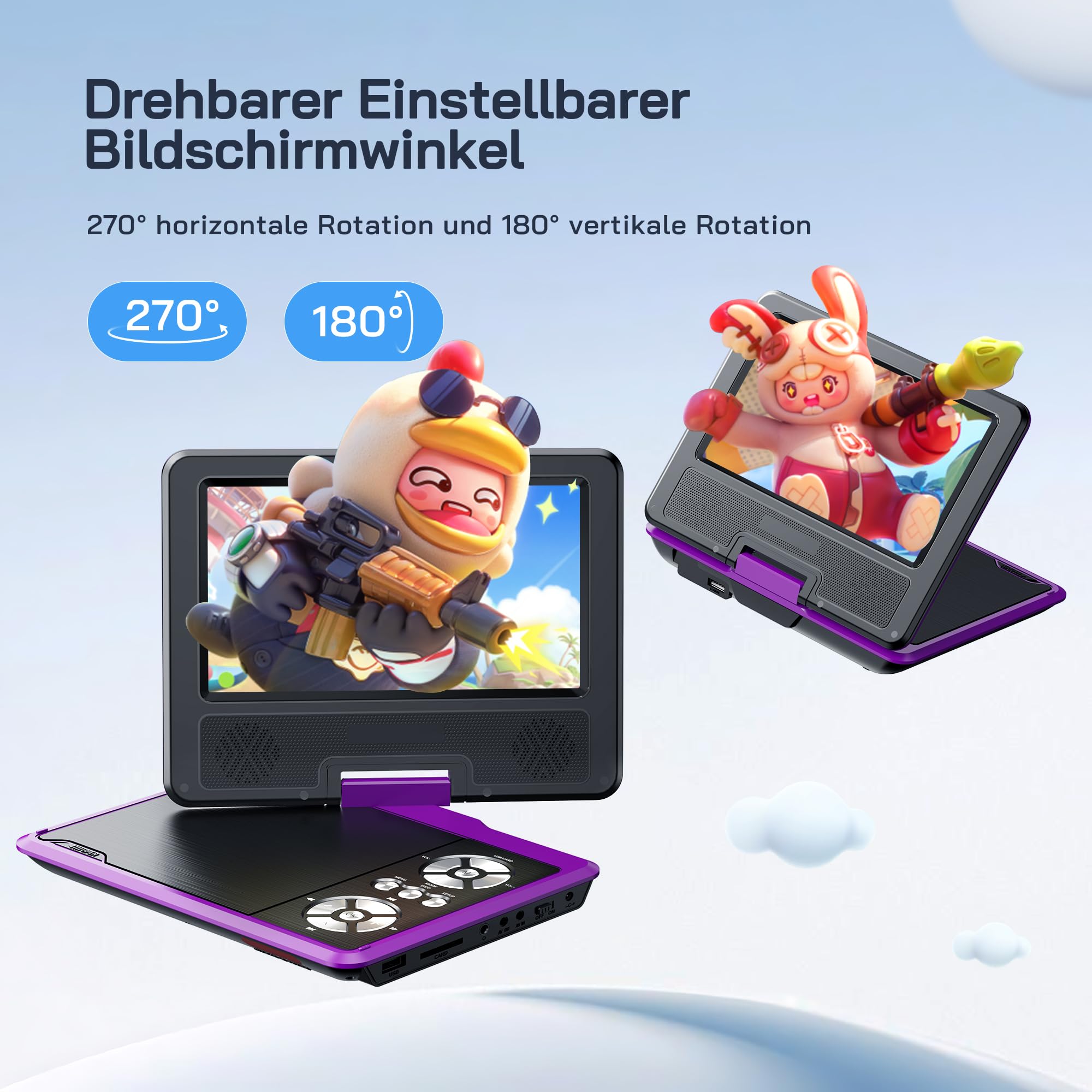 WOLFANG 9,5 Zoll Aufladbarer Tragbarer DVD-Player für Kinder im Auto, 7,5 Zoll HD Drehbildschirm, 6 Stunden Spielzeit, Sync TV/USB/SD, Keine Blu-ray-Unterstützung (Lila)