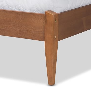 Baxton Studio Lenora Mid-Century Modern Beige Fabric Upholstered and Walnut Brown Finished Wood King Size Platform Bed