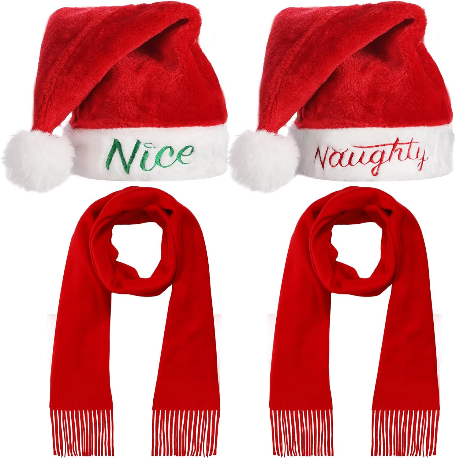 Haysandy 4 Pcs Naughty and Nice Plush Christmas Santa Hats with Scarfs for Holiday Xmas New Year
