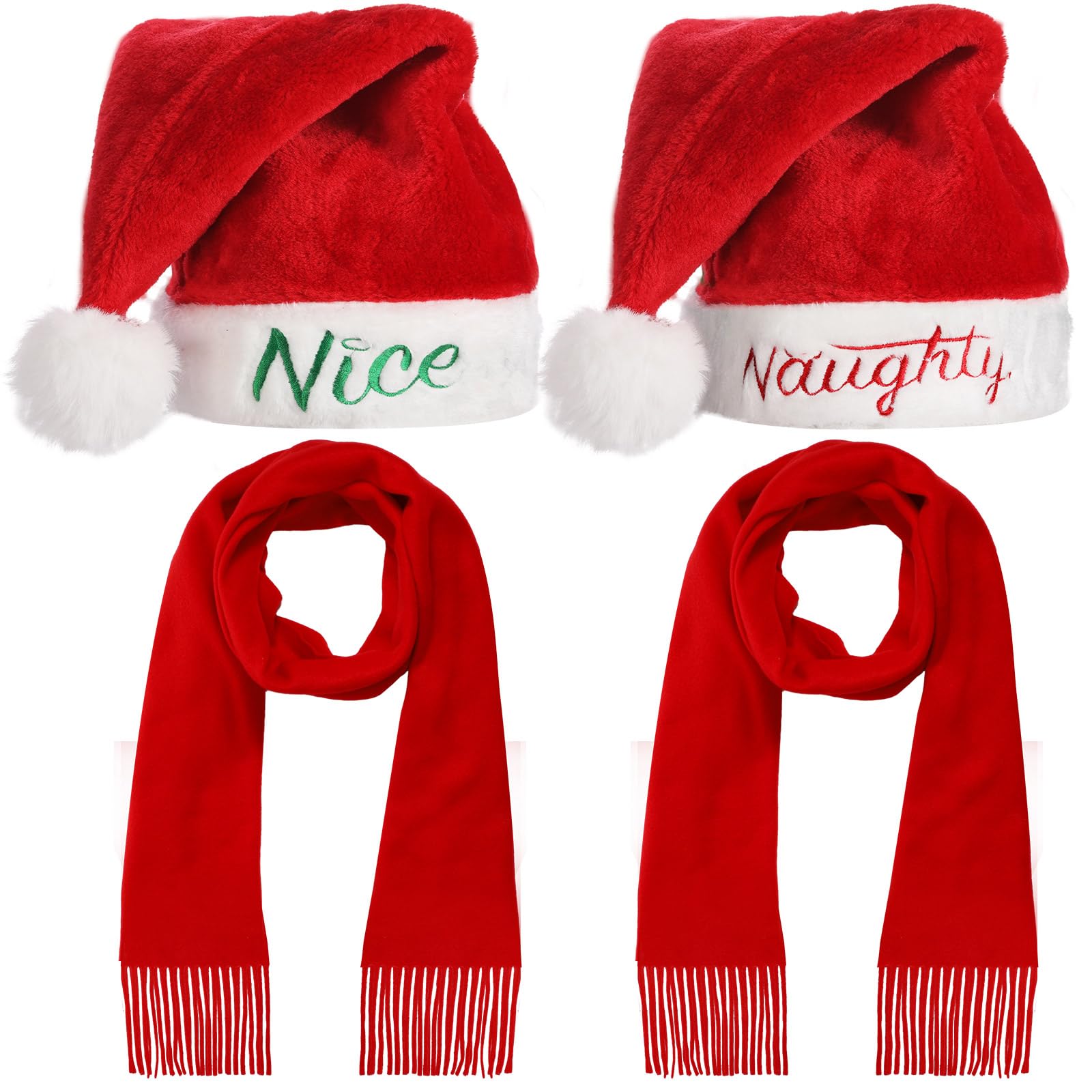 4 Pieces Naughty and Nice Plush Christmas Santa Hats with Scarfs Holiday Hat Scarfs for Christmas New Year (Red)