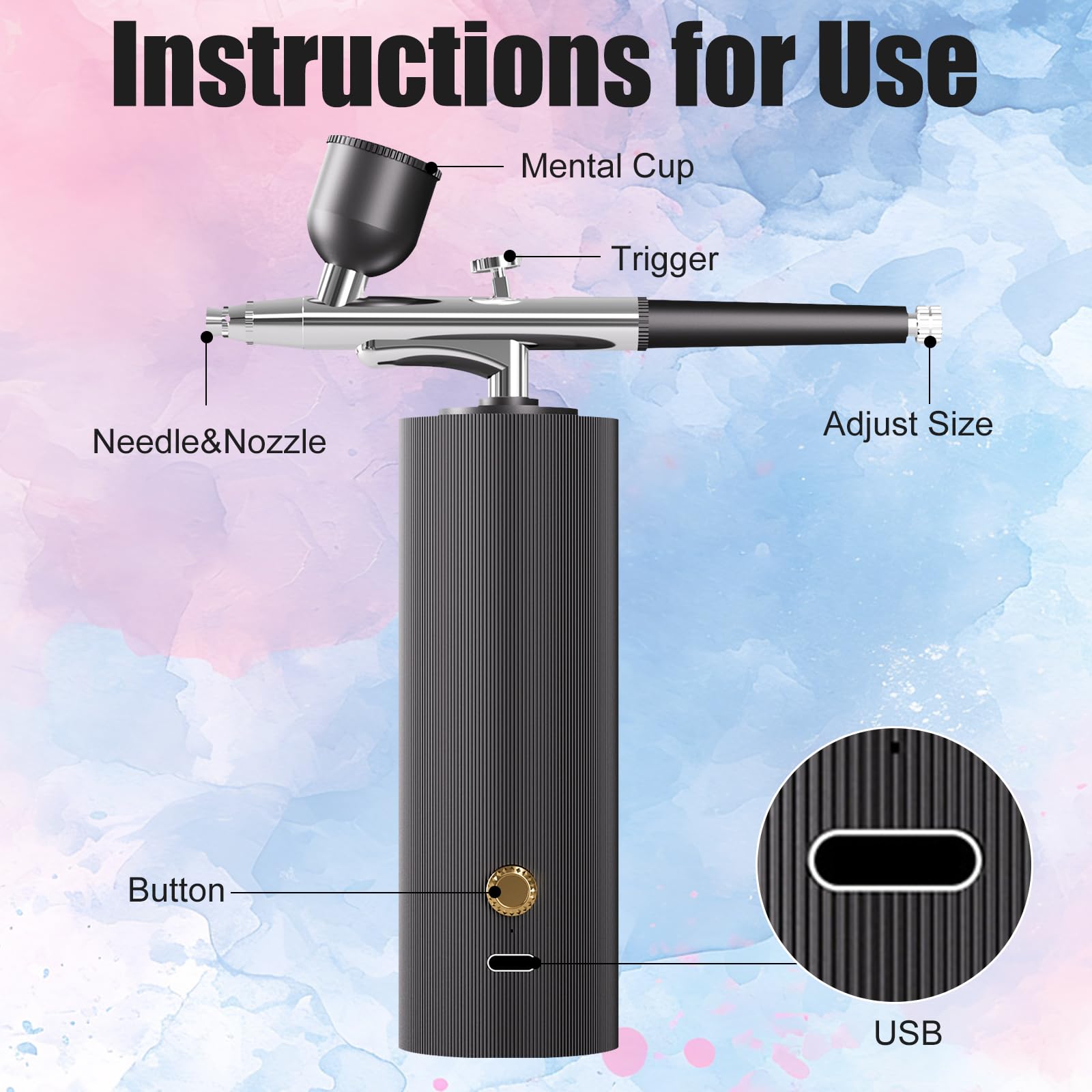 OBEST Juego de aerógrafo con compresor, tipo C recargable, juego de aerógrafo de alta presión con boquilla de 0,3 mm y juego de cepillos de limpieza para graffiti, pintura, arte de uñas, maquillaje