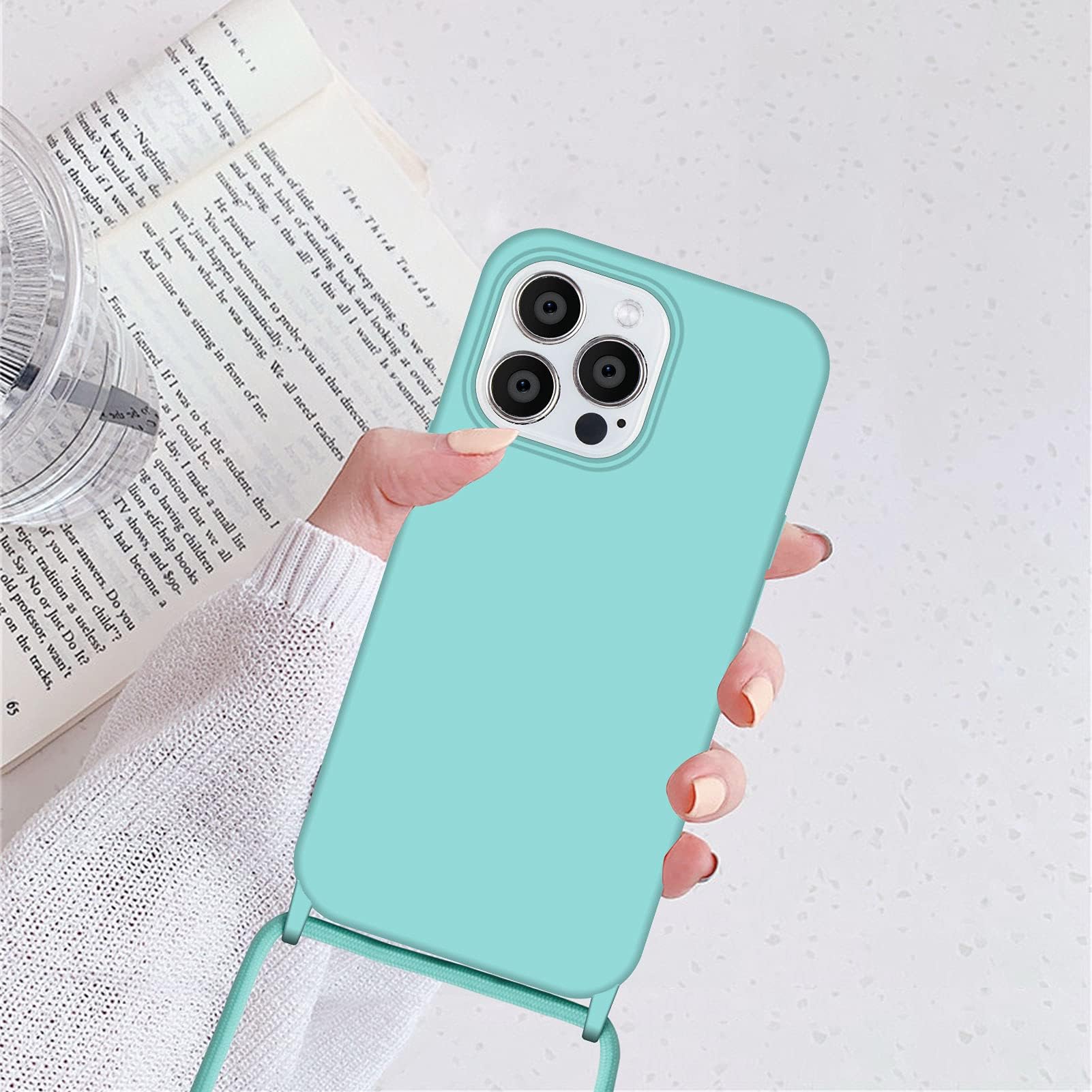 FMPCUON Laccio Cover Porta Telefono Compatibile con iPhone 13 PRO Max 6.7 Trasparente Custodia con Collana Cordino Cordoncino Case, Blu
