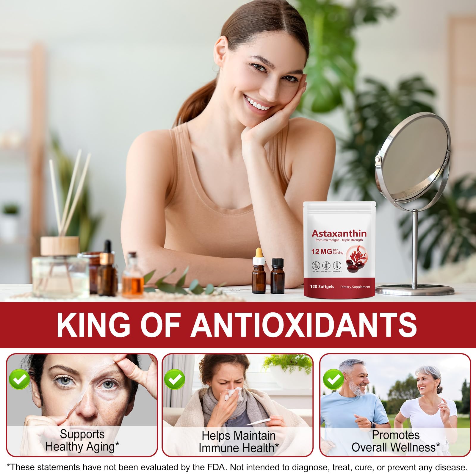 Nahrungsergänzungsmittel mit Astaxanthin 12 mg - 120 Weichkapseln, aus frischen Mikroalgen | Unterstützt Augen-, Gelenk- und Herz-Kreislauf-Gesundheit, Hautgesundheit & natürliche Bräunung