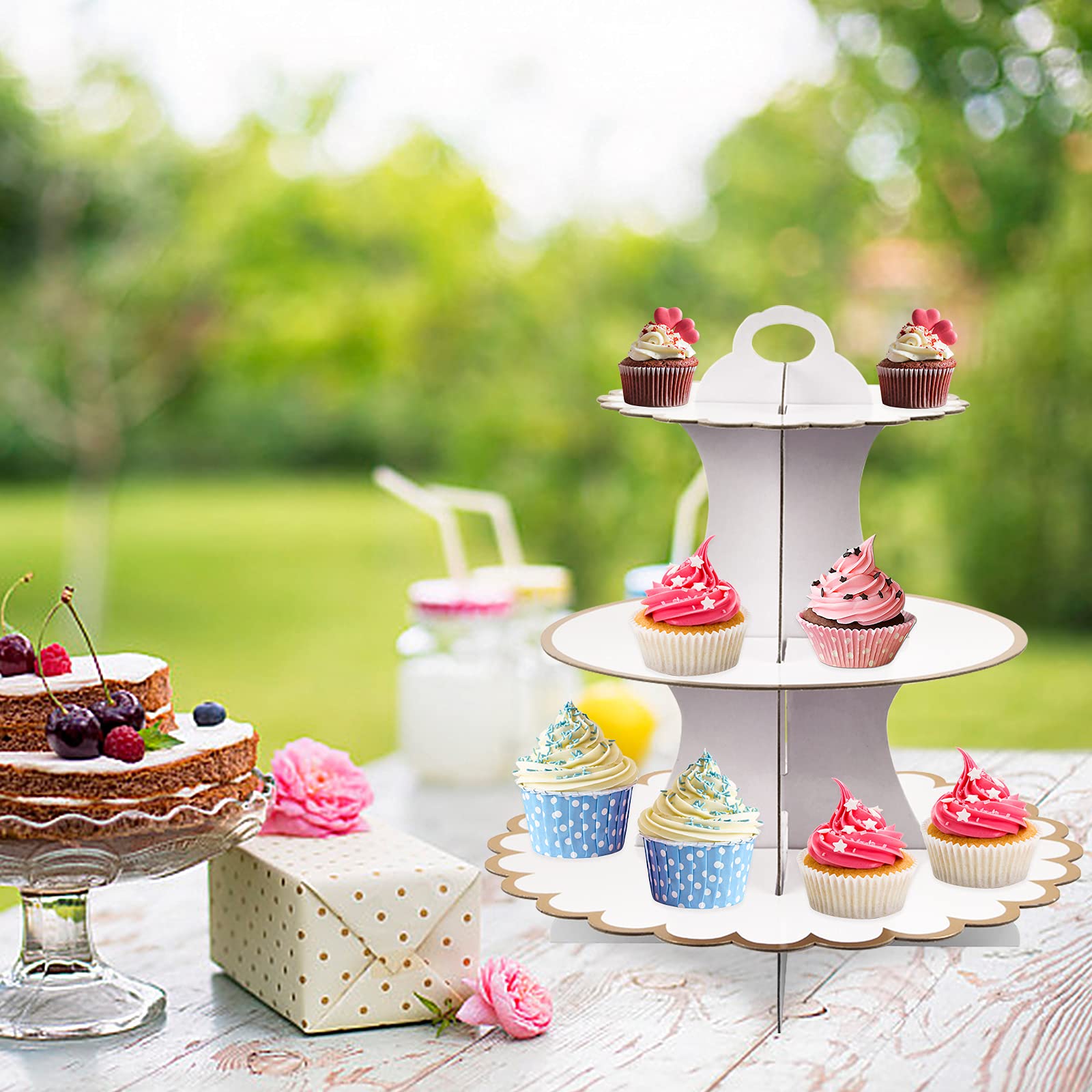 Lot De 2 Présentoirs à Cupcakes 3 étages En Carton - Diamètres 18, 24, 30 Cm - Blanc - Pour Fêtes, Anniversaires