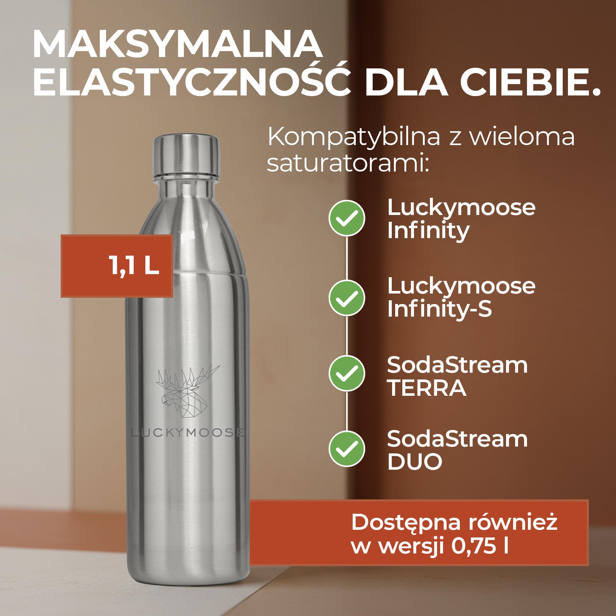 Luckymoose Infinity Butelka ze Stali Nierdzewnej (2 x 1,1L) kompatybilna z SodaStream DUO i TERRA – Ekologiczna, Odporna na Stłuczenie, do Zmywarki – stal nierdzewna 304 zamiast plastiku
