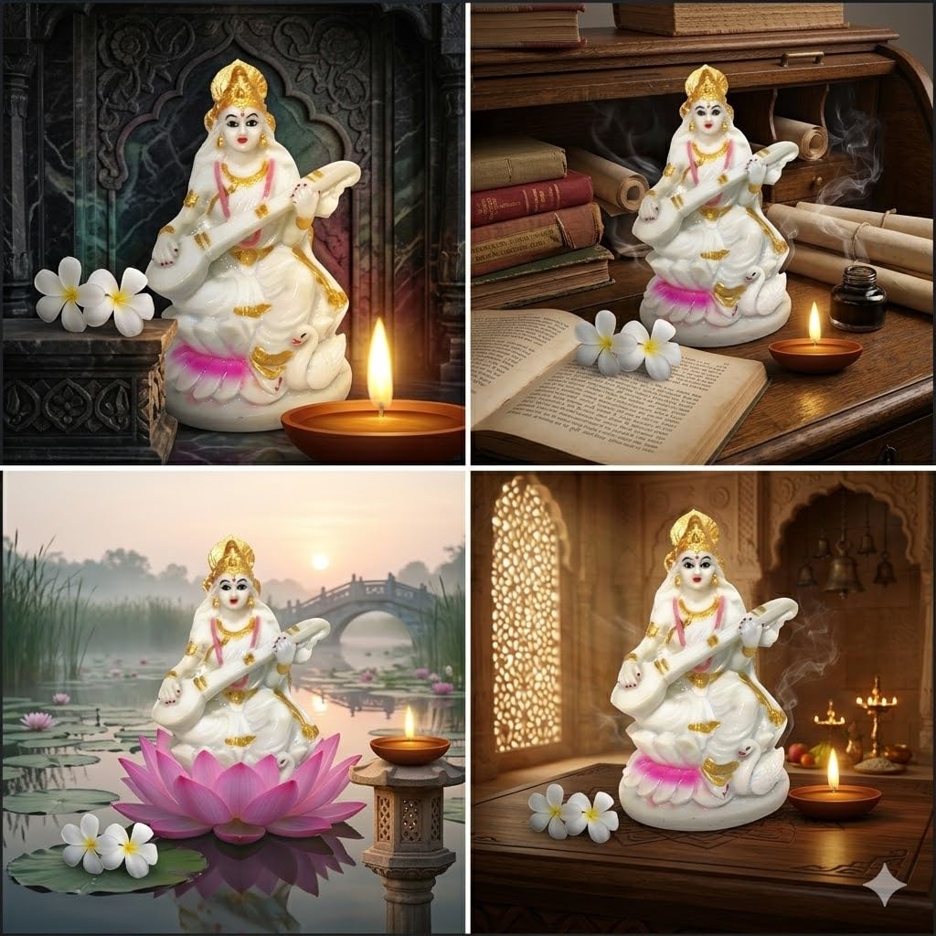 GIFT LIYA KYA Maa Saraswati Ji Idol Goddess Saraswati Spritual Statue Showpiece| for Pooja Ghar Home & Decor Gifting Off White/White (Pack of 1) 7 Inches 4