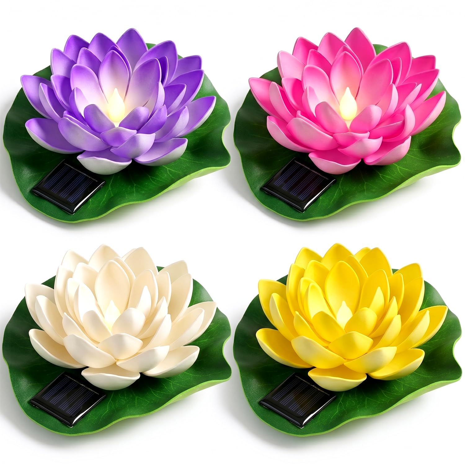 Aohcae 4 Stück Schwimmende Lotuslichter, Wasserdichte Solar Lotusblüte, Seerosen Künstlich Solar für Garten Hof, Schwimmbad, Brunnen und Aquarien