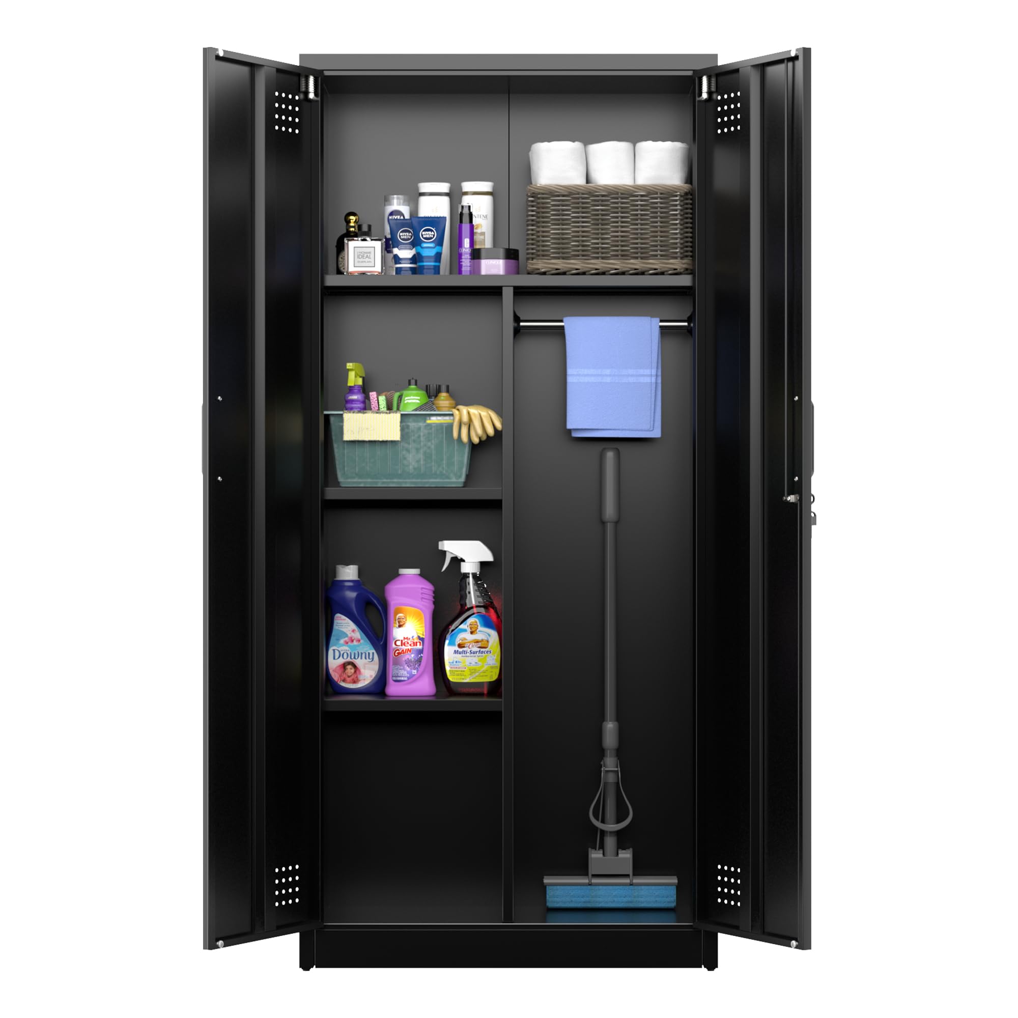 SUPEER Metal Broom Closet Storage Cupboard with Magnetic Lock,Sturdy Steel Cabinet for Cleaners, Cleaning Supplies, Laundry and Household Accessories | 70x30x165 cm | Black
