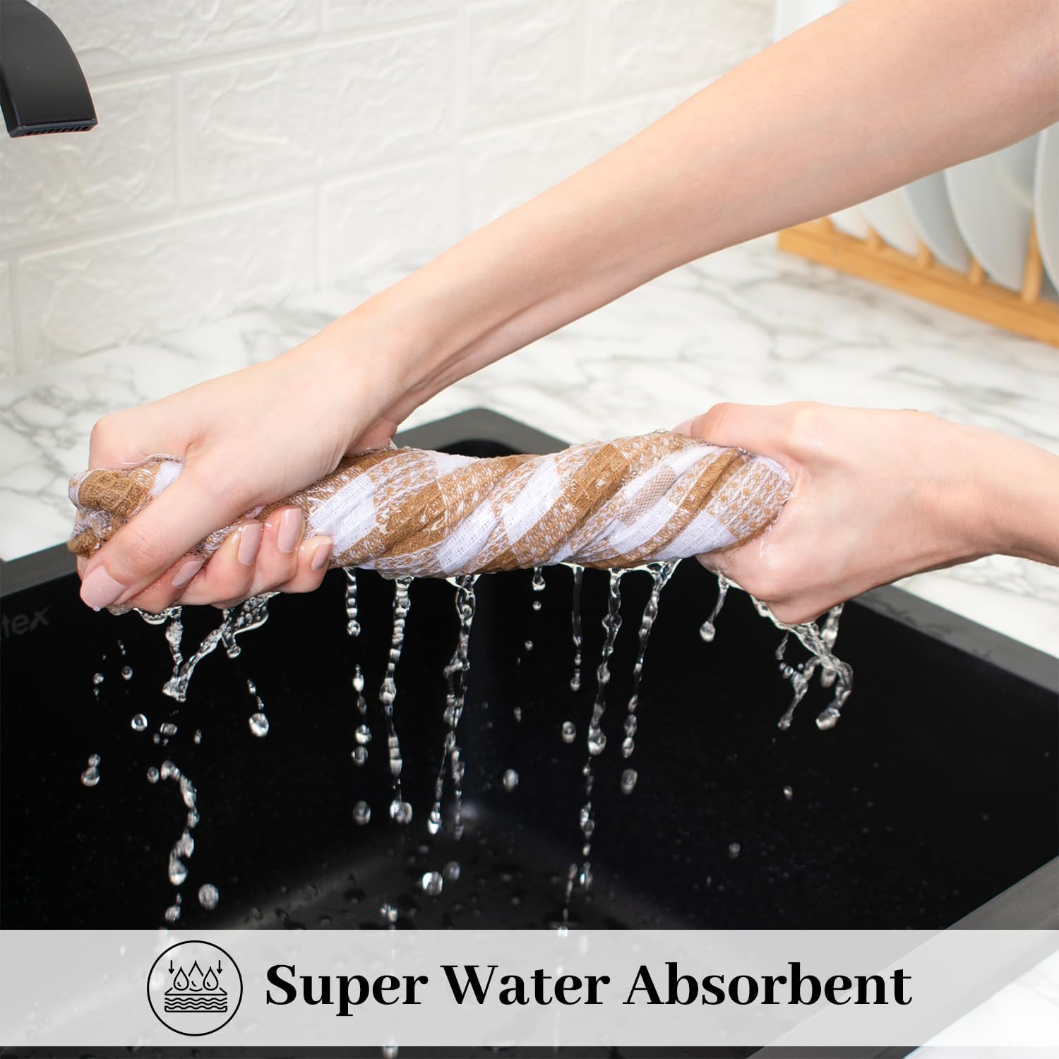 Blue Needles Waffle Weave Kitchen Towels, 15x25 Inches 100% Cotton Set of 6 Dish Cloths for Kitchen, Ultra Soft & Absorbent with Hanging Loop, Dish Rags for Quick Drying, Assorted - Beige - Image 4