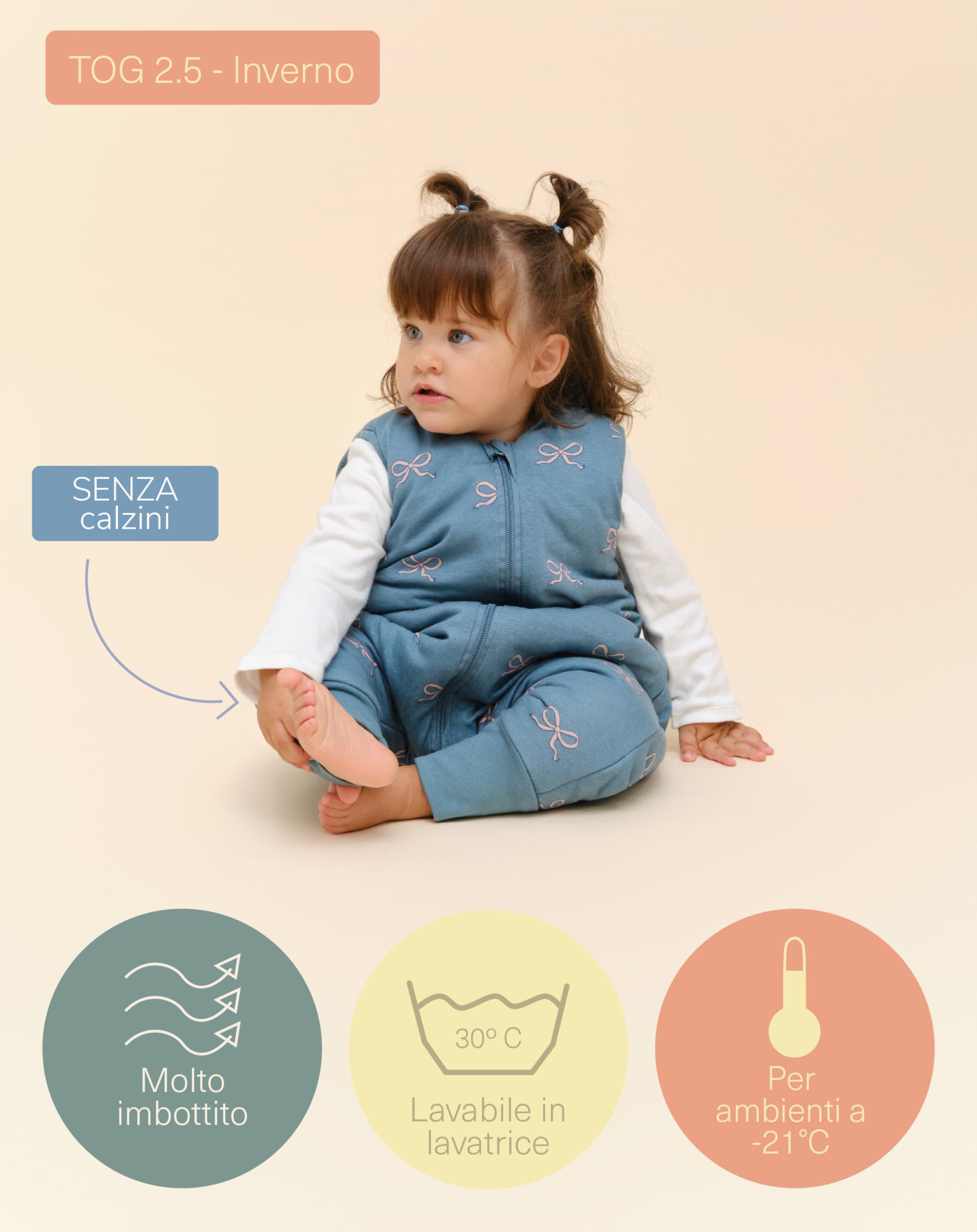 molis&co - Sacco Nanna con Piedini - Sacco Nanna Invernale per Bambini - Sacchi Nanna 2.5 tog con Piedini - 100% Cotone (Oeko-Tex 100) - Bows (1 Anno)