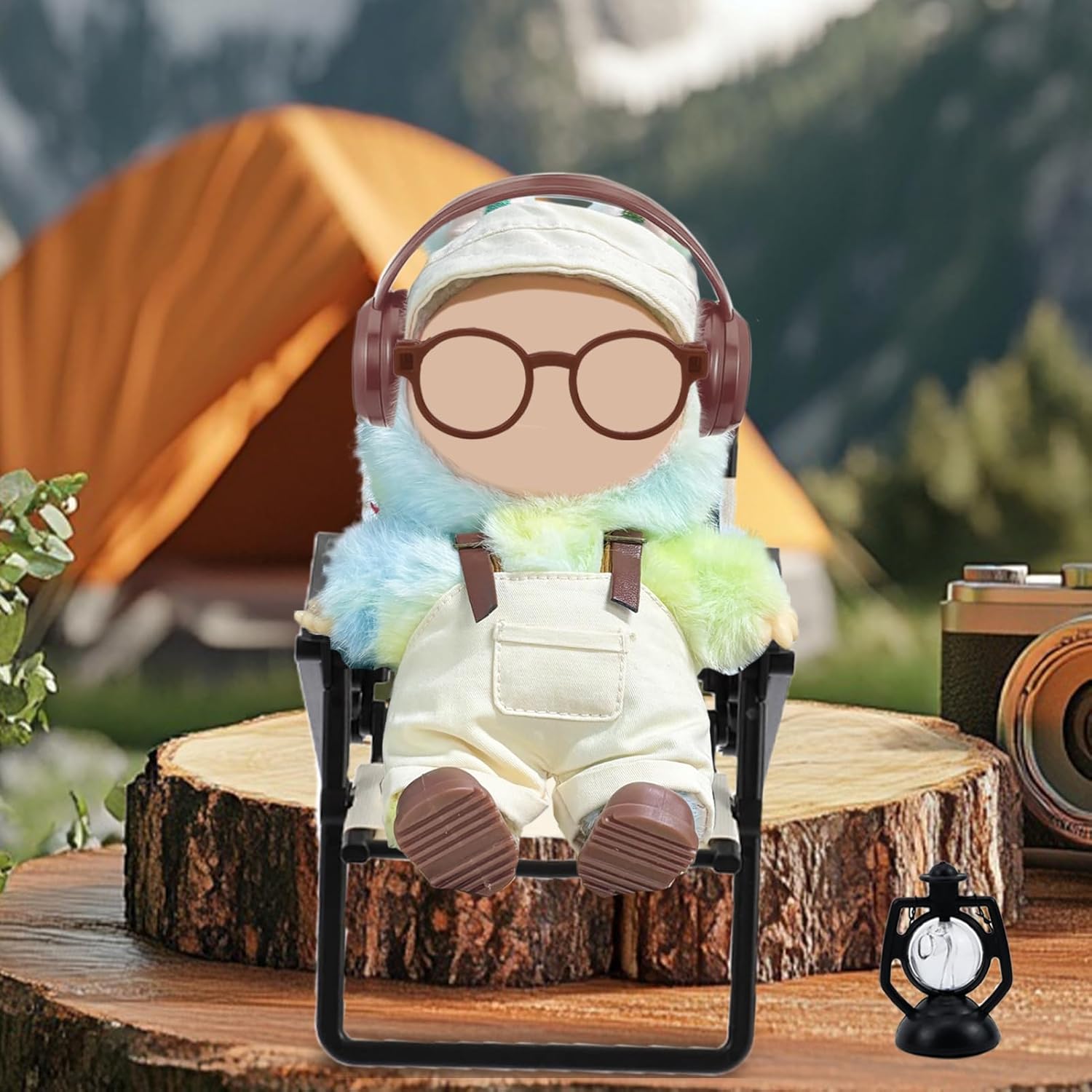 7PCS Clothes Set and Accessories Compatible with Labubu 15cm/17cm Dolls,Including Mini Hat Overalls Shoes Headphones Glasses Folding Chairs Camping Lantern for Doll Decoration(No Dolls)