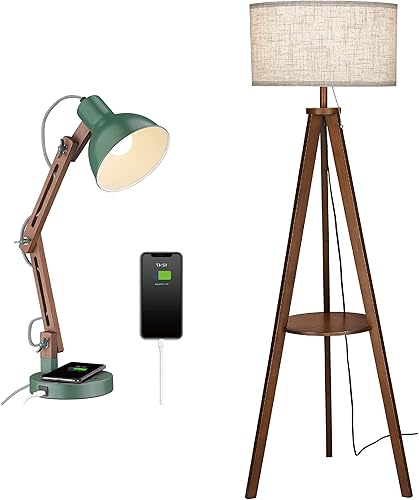 ELYONA Upgrate - Lámpara de escritorio LED de madera Sapele con cargador inalámbrico y puerto tipo C, lámpara de pie trípode con mesa para oficina