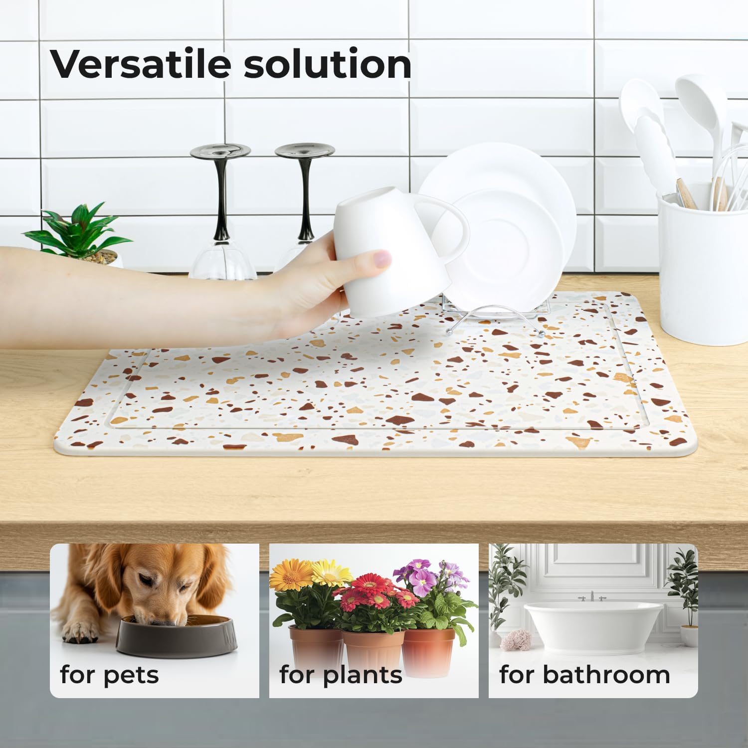 Bathroom Stone Mat Quick Dry - Diatomaceous Earth Stone Bath Mat - Anti Slip Shower Mat (Terrazzo Red)