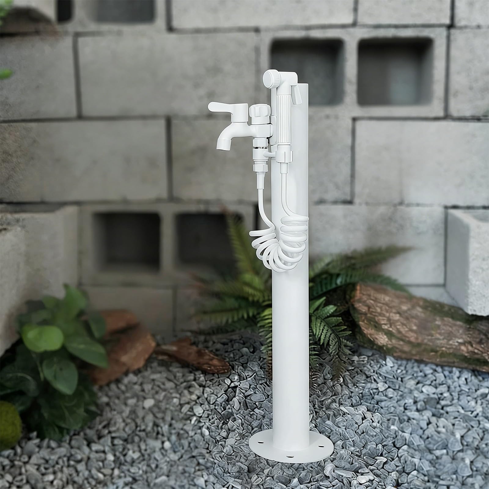 Pionowy kran ogrodowy na stojaku, Kolumna wodna ogrodowa z kranem i wężem, biała(White a,95cm/37.4in)
