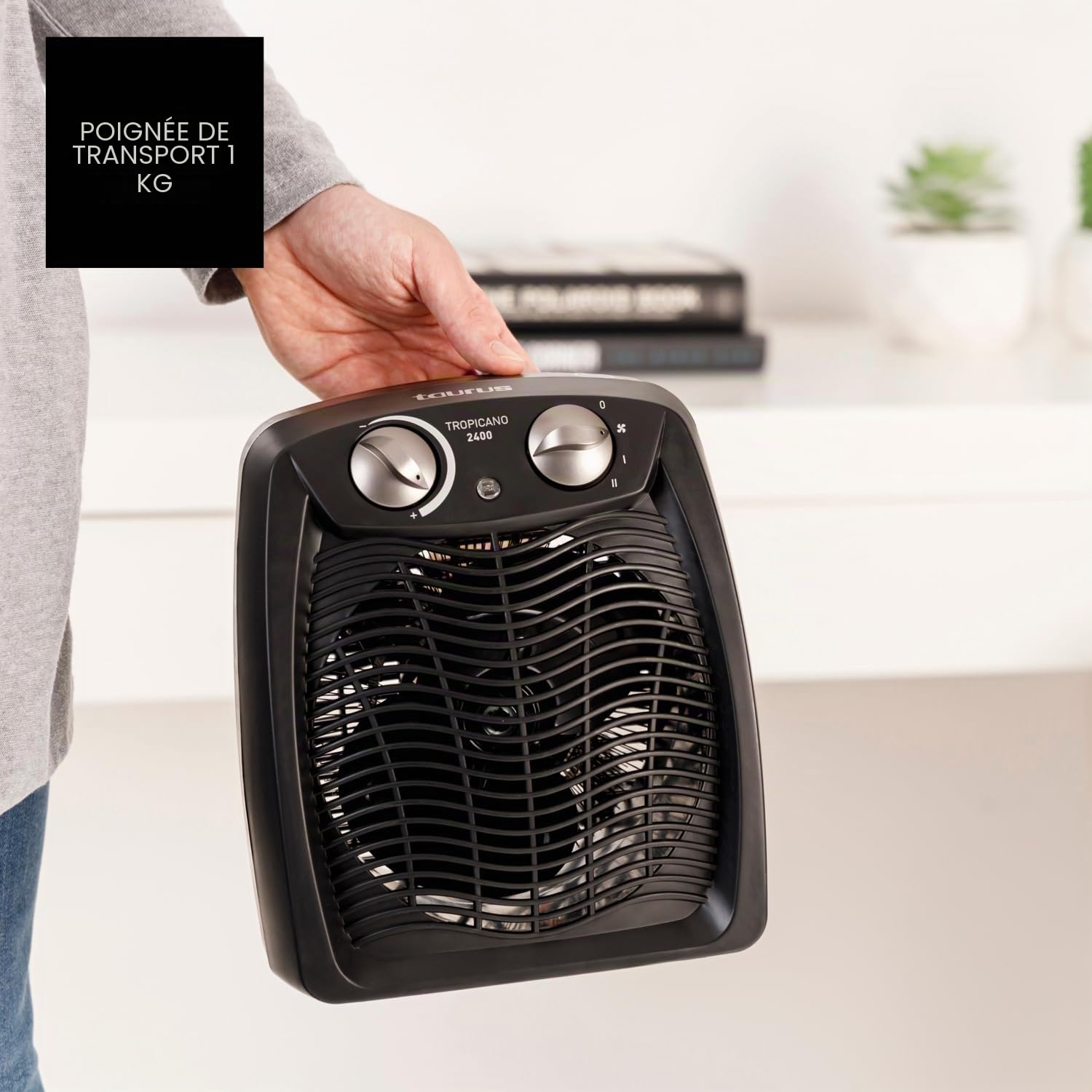 Taurus Tropicano 2400 - Radiateur soufflant 2400W, 3 positions froid/Chaud, Surface jusqu'à 24m2, Thermostat réglable, Fonction ventilateur, Témoin lumineux de fonctionnement, Noir