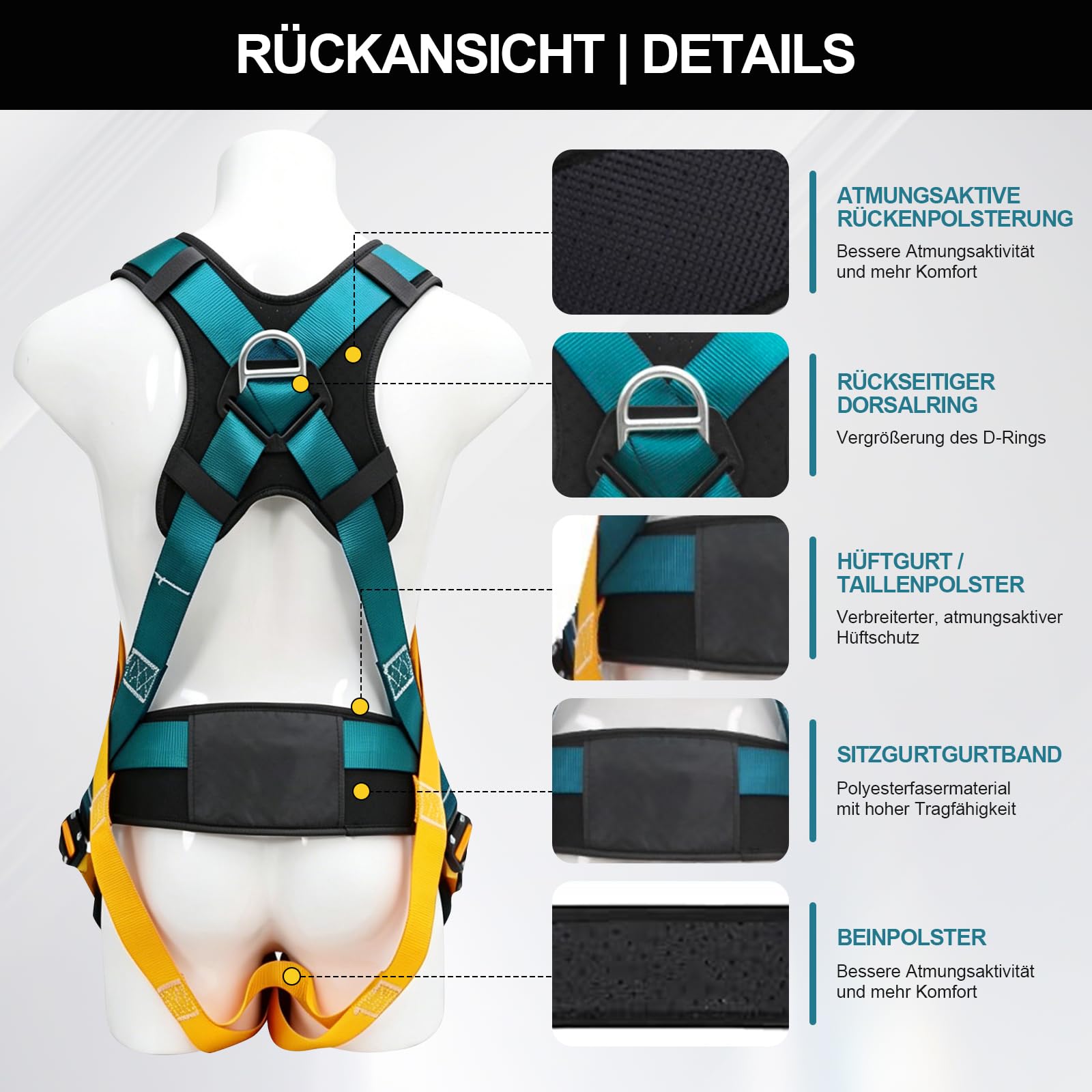 Auffanggurt Absturzsicherung Set mit Falldämpfer, Sicherheitsgürtel-Kit mit 2M Lanyards, Taille und Schulterschutz Bauprojekte Dachbetrieb in hoher Höhe, Feuerrettung Sicherheitsseil, CE-Zertifiziert