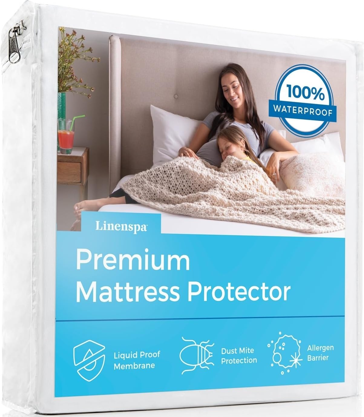 View 1 of **TRUE SIZE U/K** Linenspa Waterproof Mattress Protector, King Size – Fitted Sheet Style, Breathable, Machine Washable & Dryer Safe, White
