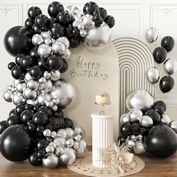 KALOR Metallic Silver and Black Balloons 110 Pcs Different Sizes 18 12 10 5 Inch Latex Balloons Kit for Graduations Party Decorations New Year Party Supplies