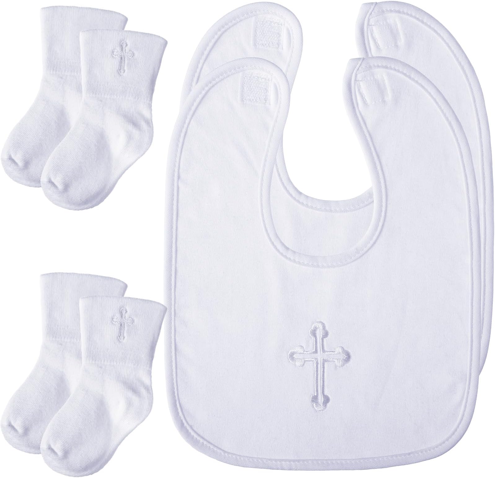 Jiuguva 4 Pcs Baptism Gifts for Boys Girls, Christening Bibs and Socks Set White Embroidered Cross Baptism Outfit for Baby