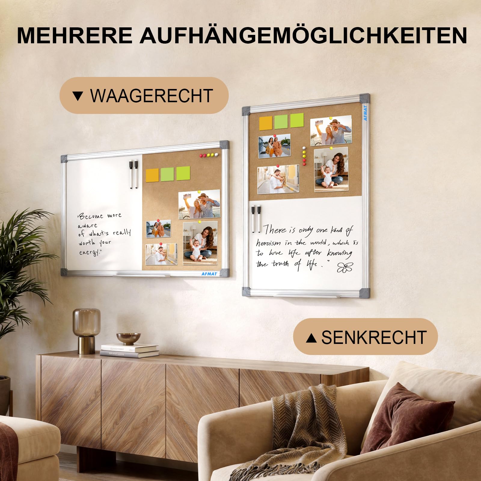 AFMAT Kombitafel Kork-Pinnwand Whiteboard Kombination 60x90 cm, Trocken Abwischbare Magnettafel und Korktafel,Magnetische,Magnettafel White Board Korktafel Kombination für Büro,Homeoffice,Schule,Küche