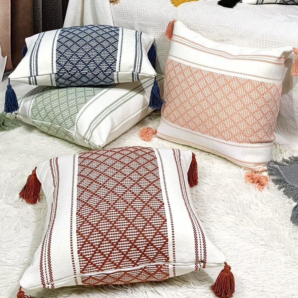 2 federe per Cuscini con Nappe Boho Decorative,Double-Face,con Accenti neutri,in Tessuto Trapuntato,in Cotone e Poliestere,per Divano,Camera da Letto,Stile Fattoria,Beige,