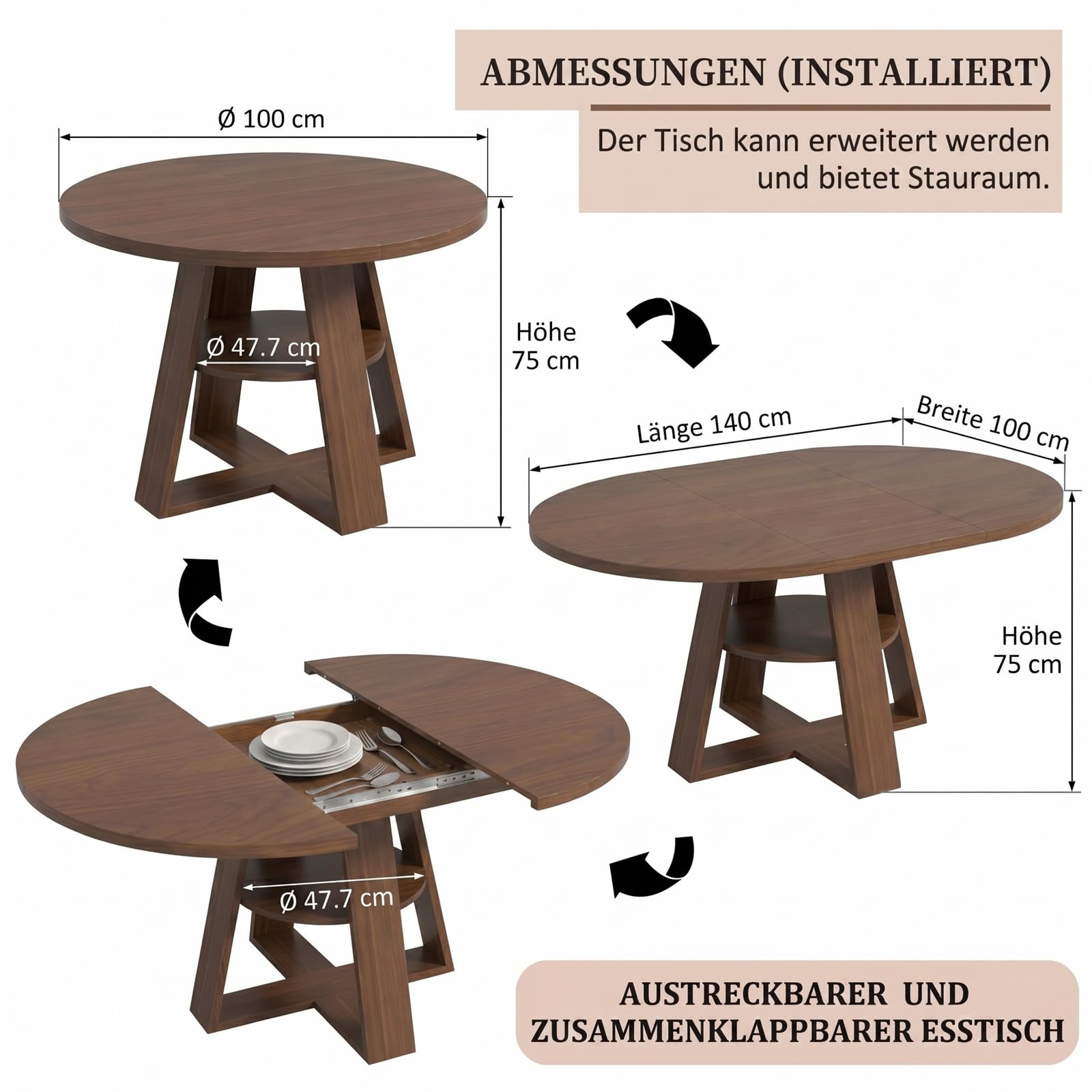 Esstisch Ausziehbar Holz, Küchentisch 100cm-140cm, Esszimmertisch Ausziehbar für 2-8 Personen, Ausziehtisch Esszimmer Mit Abnehmbarer Tischplatte, Holzgestell mit Ablagefläche