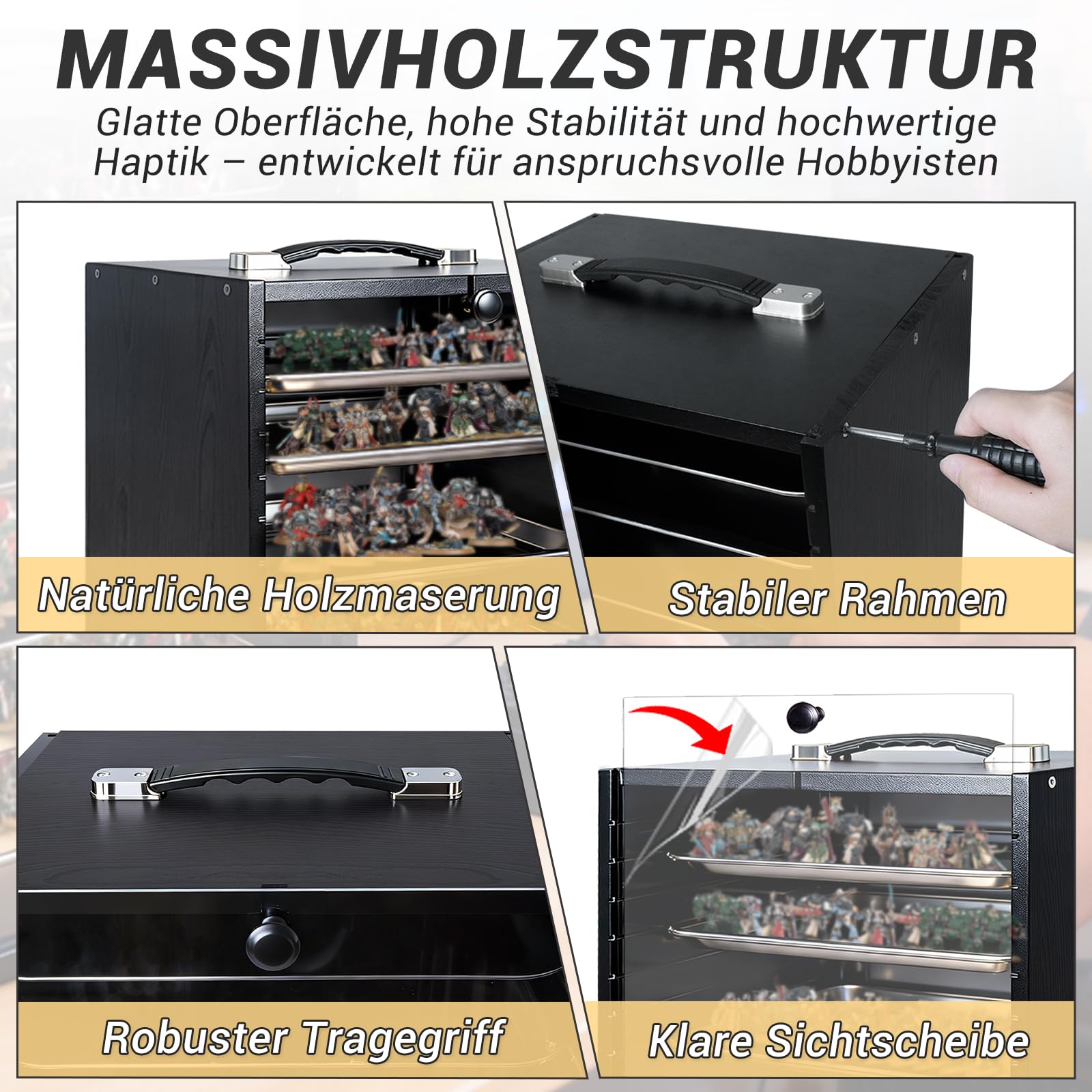 Miniaturen-Transportkoffer für Sammlerstücke, Holz-Miniaturen Aufbewahrungs- und Vitrinenkoffer für Figuren und Actionfiguren, Tragbarer Figuren-Display- und Transportkoffer (Schwarz Figurenbox)