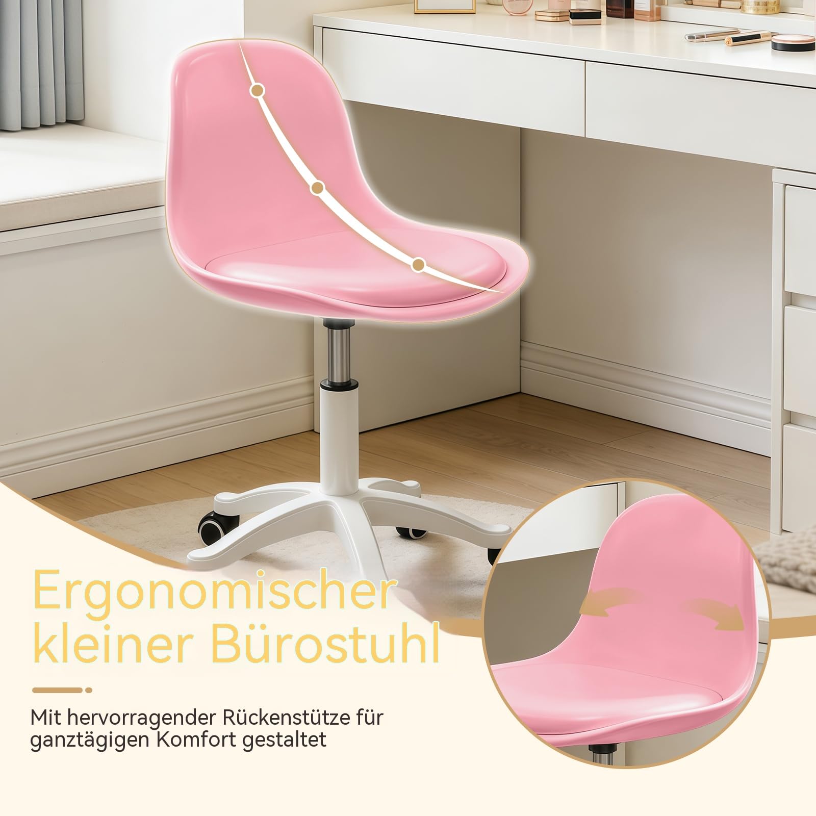 Kleiner Bürostuhl Ohne Armlehnen, Höhenverstellbar, Ideal als Jugendlernstuhl, Schreibtischstuhl mit Rückenlehne für Zuhause