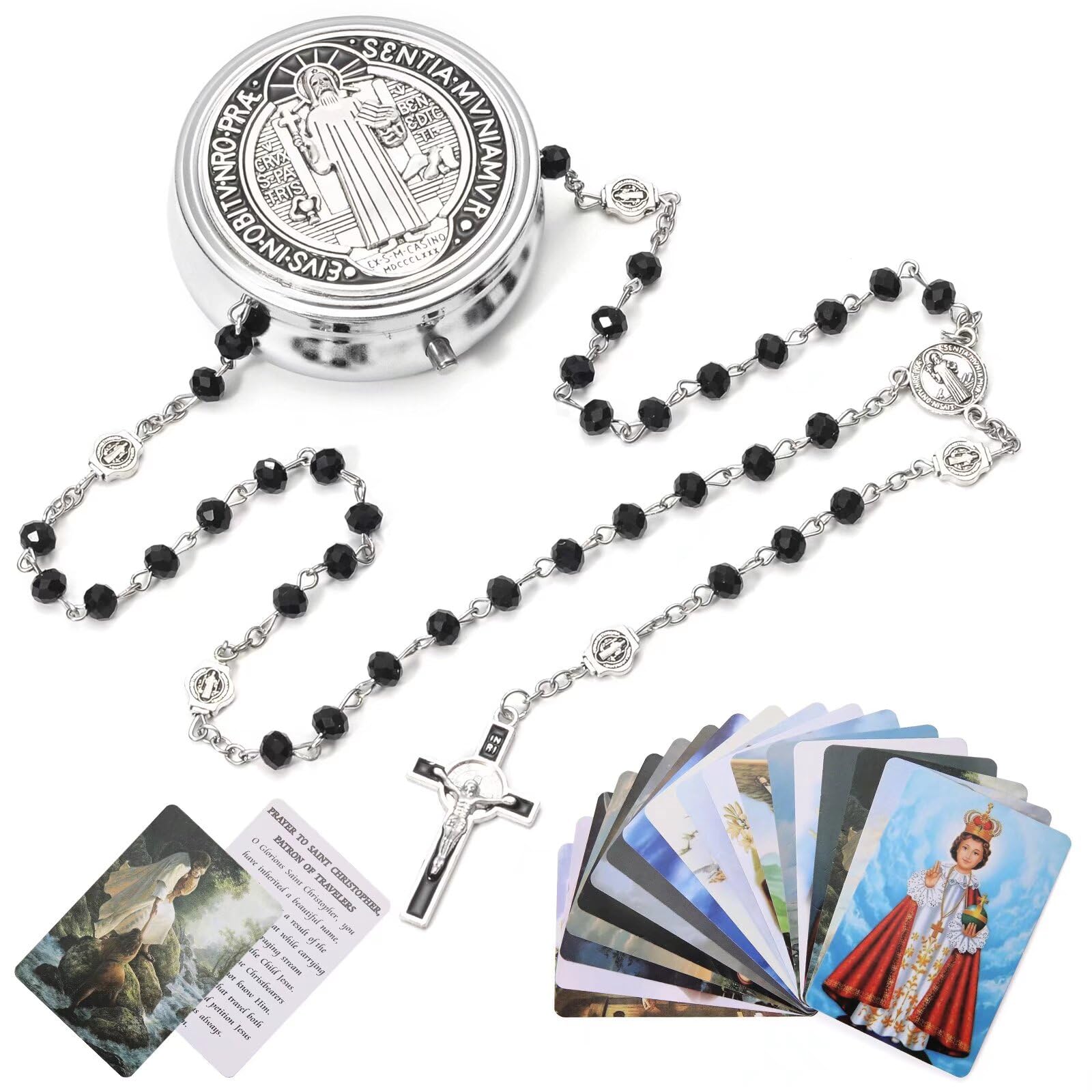 SZQCZB Rosary Beads Catholic for Men and Boy, Black Cystal Rosary Beads, St.Benedict Center Piece and Crucifix with Miraculous Gift Box and 18pcs Prayer Cards