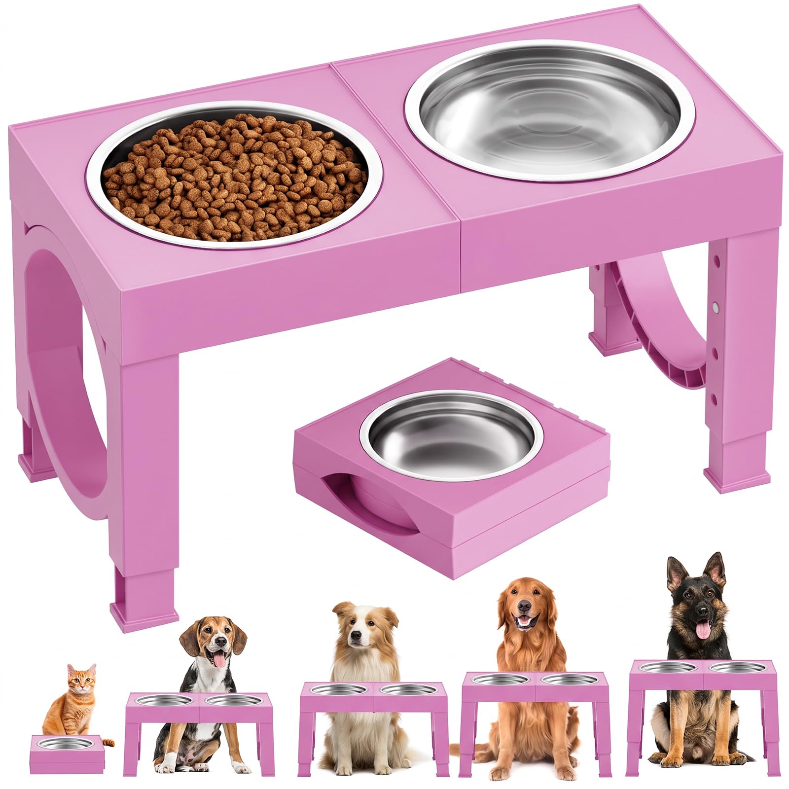 XIAZ Elevated Dog Bowls Large Breed Raised Dogs Bowl Stand Large/Medium Sized Dog Stainless Steel Food Water Bowl Stands 5 Heights Adjustable 9/11/12/14in Pet Feeder Dish Station
