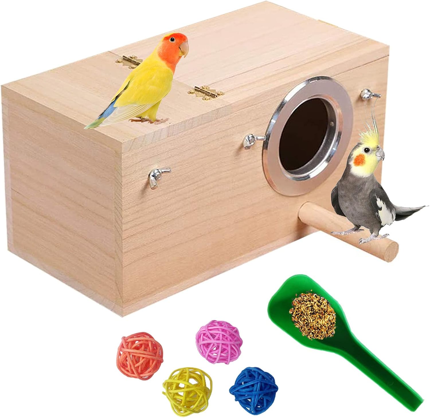 kathson Parakeet Nesting Box,Parrot Nest Home,Lovebirds Mating Breeding Wood House with Feeding Spoon 4 Toys Balls for Budgerigar Canary…