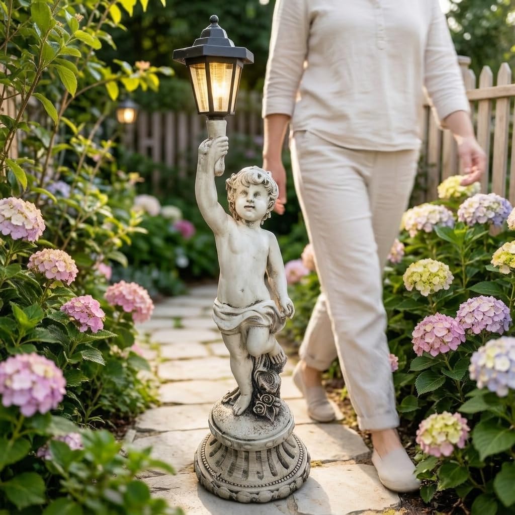 Fontana Solare da Giardino Esterno con Luci, Abbeveratoio e Mangiatoia per Uccelli, Decorativa per Giardino, Statua di angelo con lanterna - Sinistra