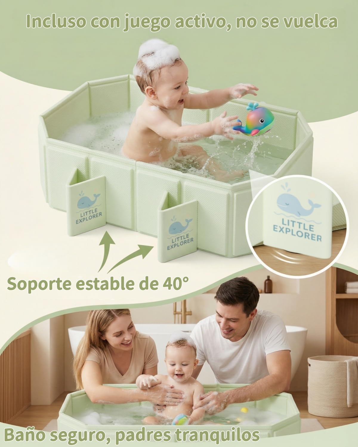 Bañera Plegable para Bebés de 0 a 6 Años, Bañera Infantil Portátil para Ducha, Bañera para Niños Plegable con 4 Patas de Soporte, Base Antideslizante y Doble Desagüe, Ahorra Espacio para Viaje (Verde)