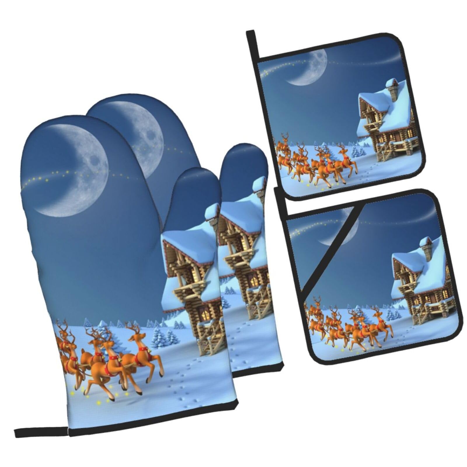 Santa Claus with deer Printed Oven Mitts and Pot Holders Heat Resistant Set of 4 Pcs, Modern Kitchen Gloves & Potholders for Cooking Baking Grilling