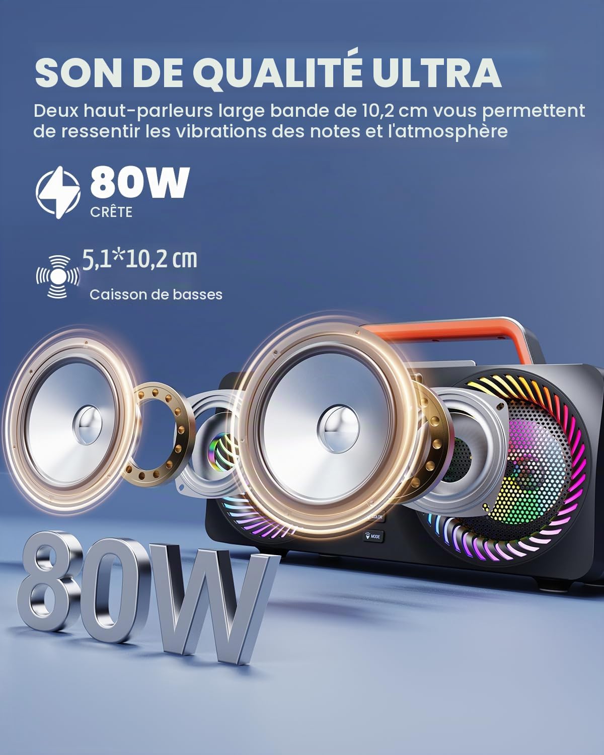 Machine de Karaoké SORDA Pour Adultes ET Enfants, Enceinte Bluetooth Portable 80 W, 2 Microphones Sans Fil, Réglage de L’éCho, Compatible USB/Aux, Idéale Pour Les Fêtes en Intérieur et en Extérieur
