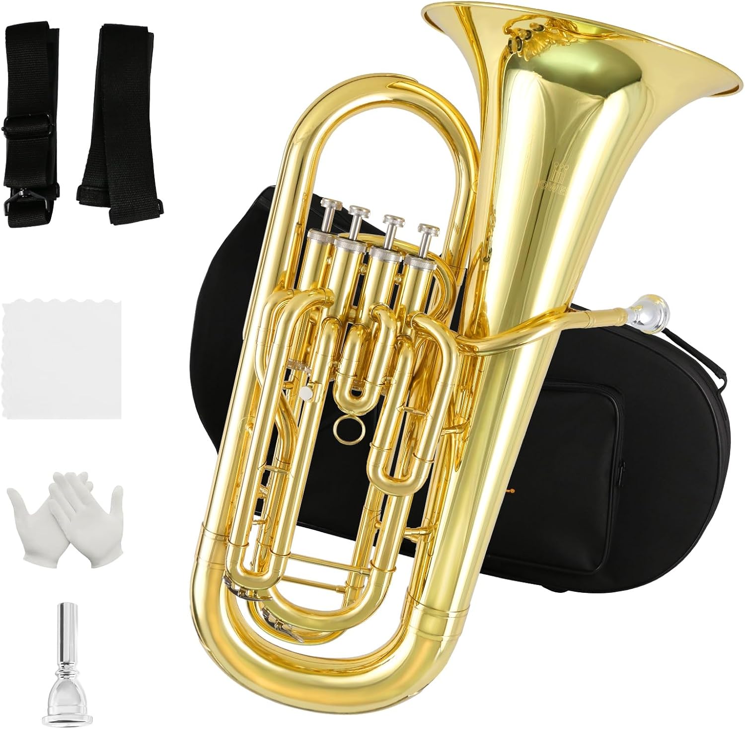 ROWELL Euphonium 4 Valves Bb Brass Lacquer Gold 4 Stainless Steel Pistons Intermediate Advanced Euphonium with Case Gloves and Polishing Cloth