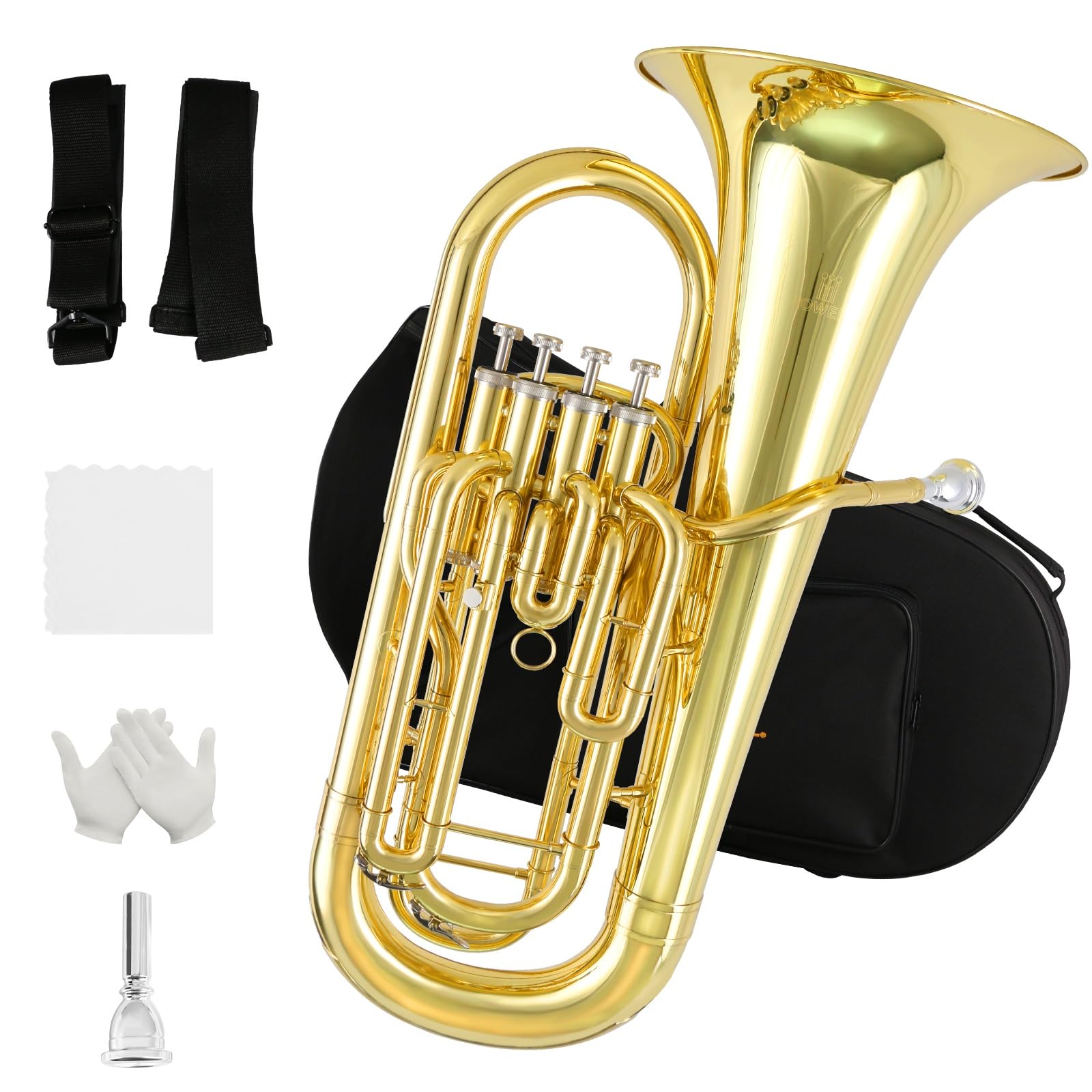 ROWELL Euphonium 4 Valves Bb Brass Lacquer Gold 4 Stainless Steel Pistons Intermediate Advanced Euphonium with Case Gloves and Polishing Cloth