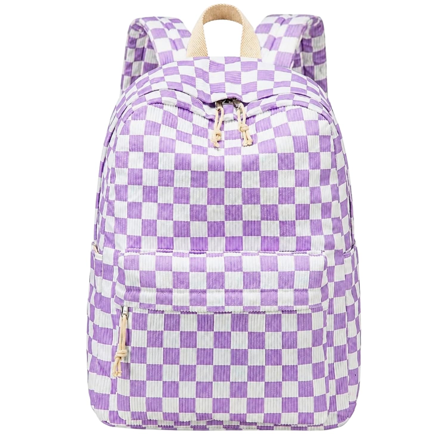 checkered backpack for women & girls | aesthetic school college travel bag | lightweight ribbed backpack with front pocket