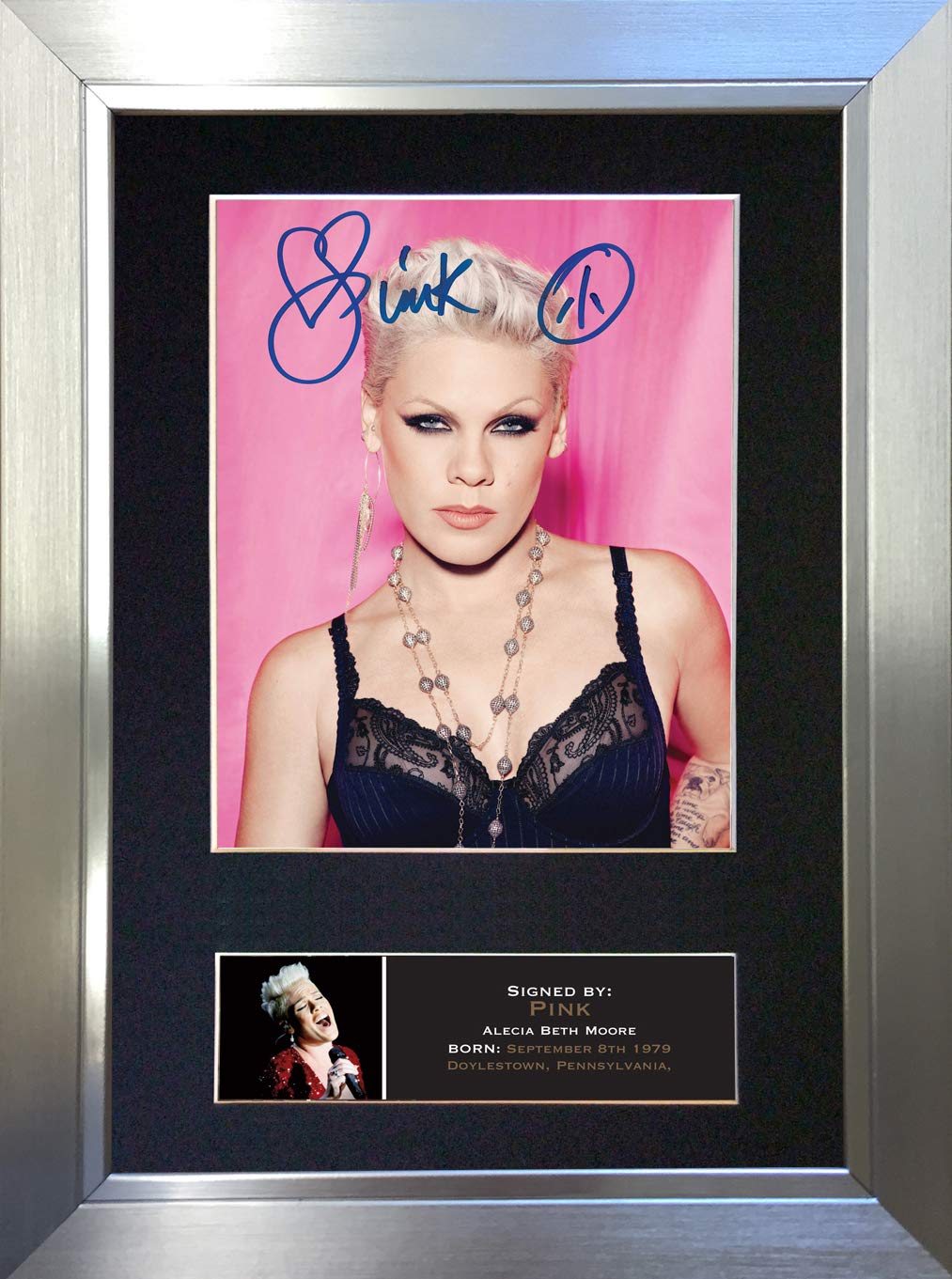 The Autograph Collector Gold,Silver,Black Pink No2 Signed Autograph Mounted Photo Reproduction Print A4 Rare Perfect Birthday Christmas Present (297 X 210Mm) #727 (Black Frame)