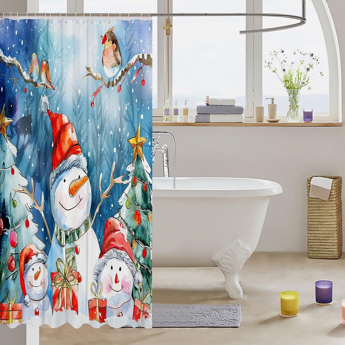 Christmas Shower Curtain Snowman Bath Curtain For Kids Children Boys Girls Xmas Tree Bathroom Curtain with Hooks Winter Snow Gift Box Waterproof Fabric Bathroom Decor Festival Bedroom Decor 72x78 Inch