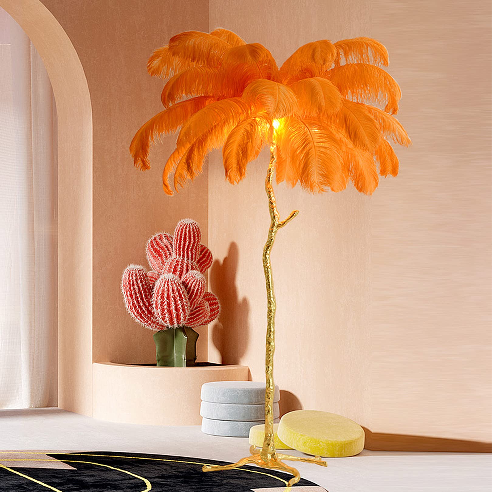 Luxury Real Ostrich Feather Lamp with 5 Led Light Sources for Living Room Bedroom and Office - 100% Resin Standing Decor Gift