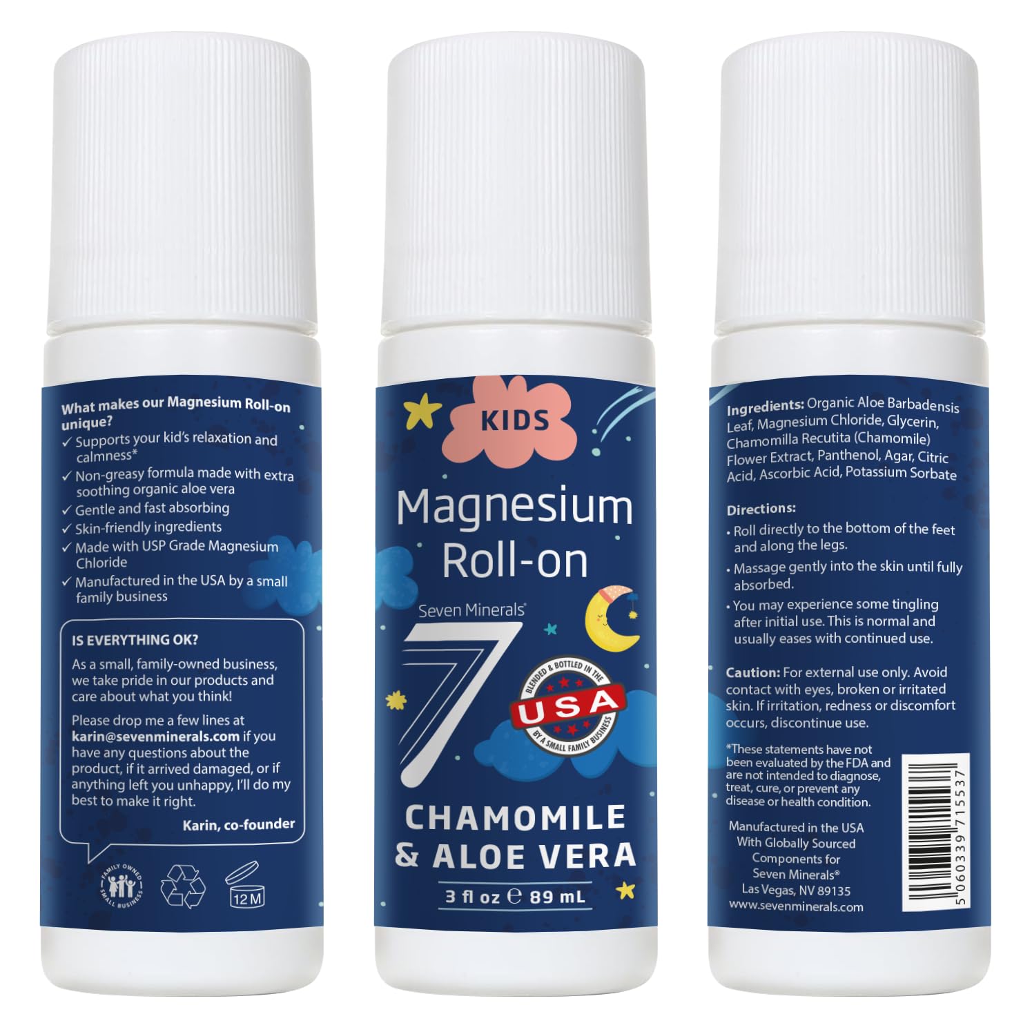 Seven Minerals Kids Magnesium Roll On for Sensitive Skin. USP Grade Magnesium Lotion for Children. Calming Bedtime Support with Chamomile & Aloe Vera, Easy Application, USA Made, 3 fl oz — Amazon image 7