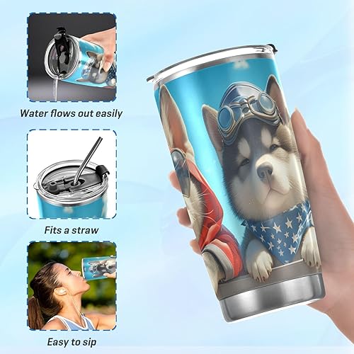 Miniatura 6 de Tazas de acero inoxidable con diseño de perros lindos de dibujos animados para hombres con tapa y pajita, taza de viaje de café de 20 onzas para
