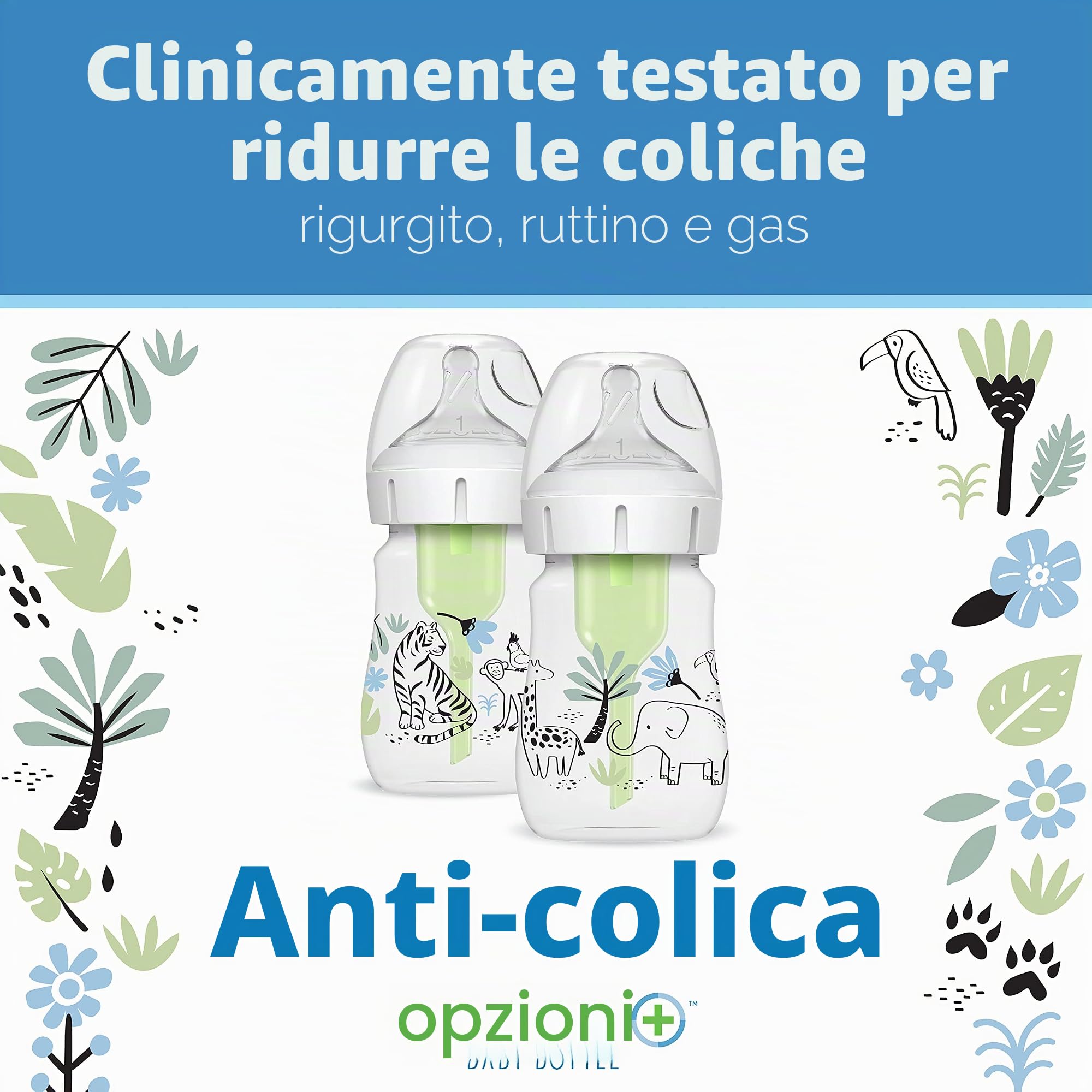 Dr. Brown's Natural Flow Anti-Colic Options+ - Biberon per bambini a collo largo, edizione di design, decorazioni giungla, 150 ml, capezzolo livello 1, confezione da 2, 0 m +