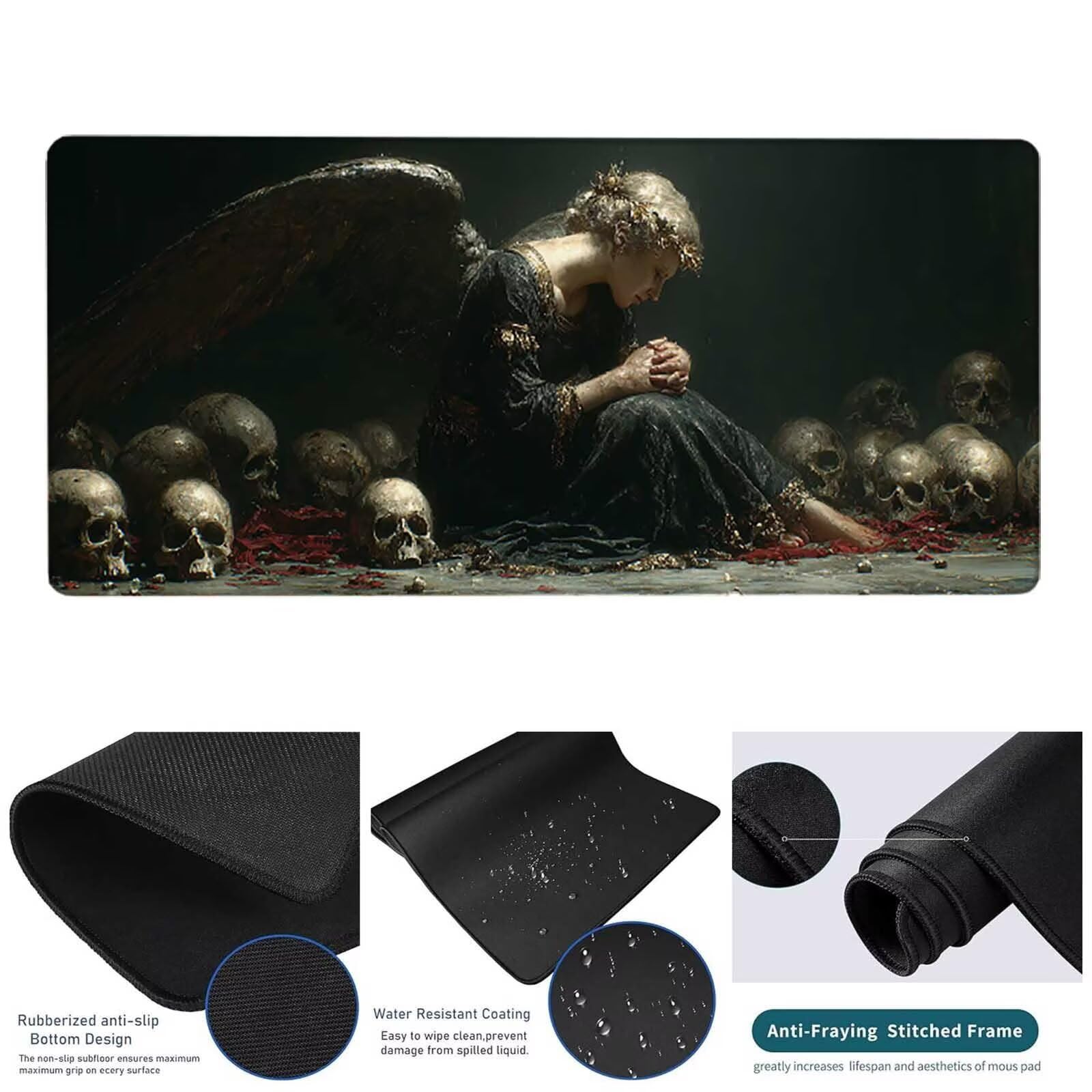 Czarna podkładka pod mysz 1500 x 800 x 3 mm duża podkładka pod mysz XXL anioł pod biurko dla graczy, szyte krawędzie, antypoślizgowa gumowa podkładka pod mysz do komputera, komputera, dekoracji domu l
